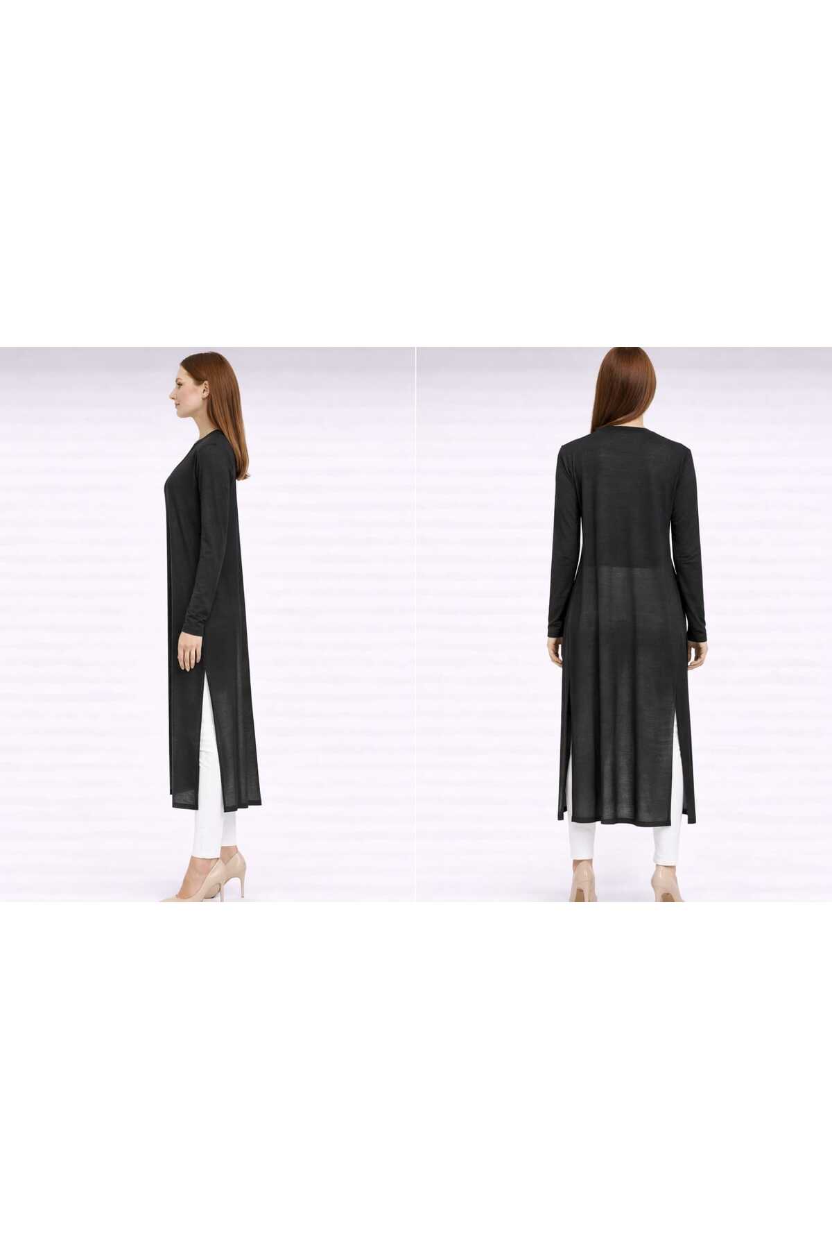 Neden Tekstil  Uzun İnce Triko Hırka Düz Kesim Mevsimlik Salaş Yırtmaç Detaylı Hırka - Görsel 3