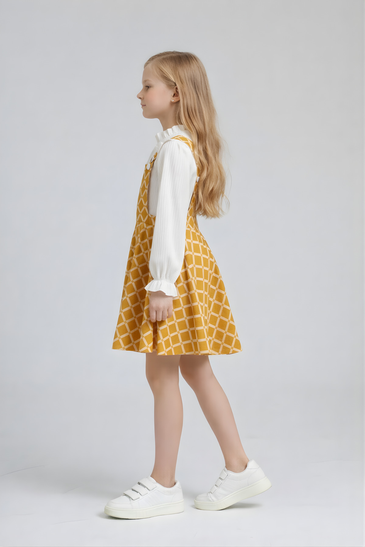 FESSHERA KİDS Kız Çocuk Baklava Desen Salopet Jile ve Fitilli Bluz Takım - Fırfırlı 2'li Alt Üst Set fotoğrafı 2 (önizleme)