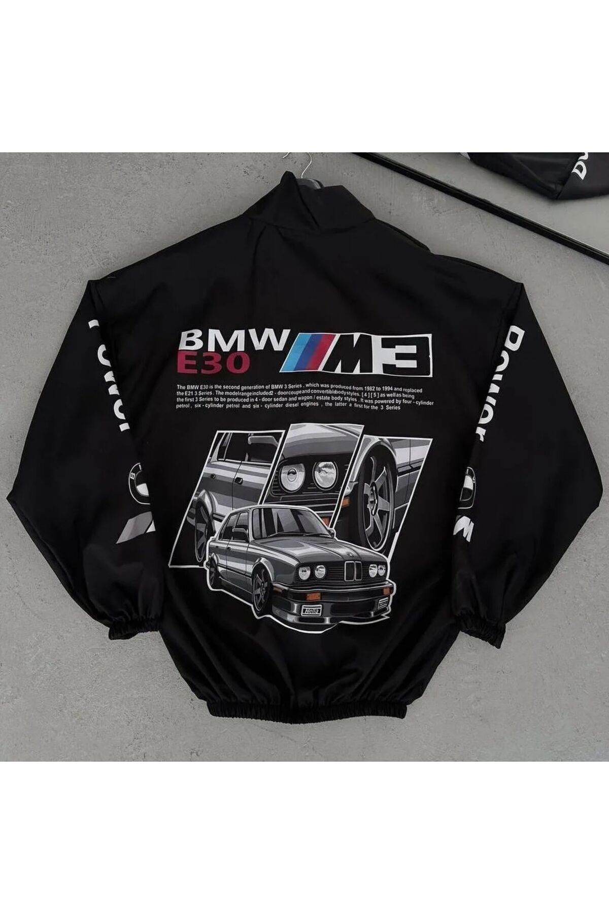 BMW //M Retro Unisex Paraşüt Kumaş Oversize Dijital Baskılı Siyah Rüzgarlık Yağmurluk İnce Ceket — سرمه‌ای LSHN2BMW1 — تصویر 2 از 6
