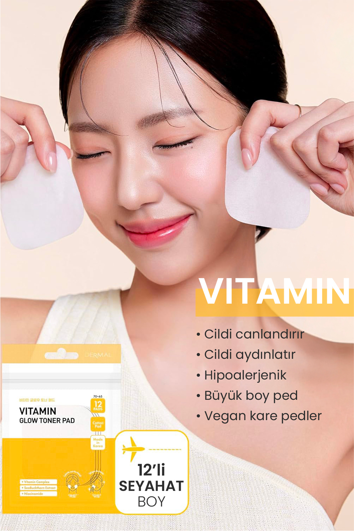Vitamin Glow Canlandırıcı Aydınlatıcı Işıltı Etkili Tonik Pedi 12 Adet Cilt Bakım Toner Pedi — DERMAL/PAD/013 — تصویر 2 از 8