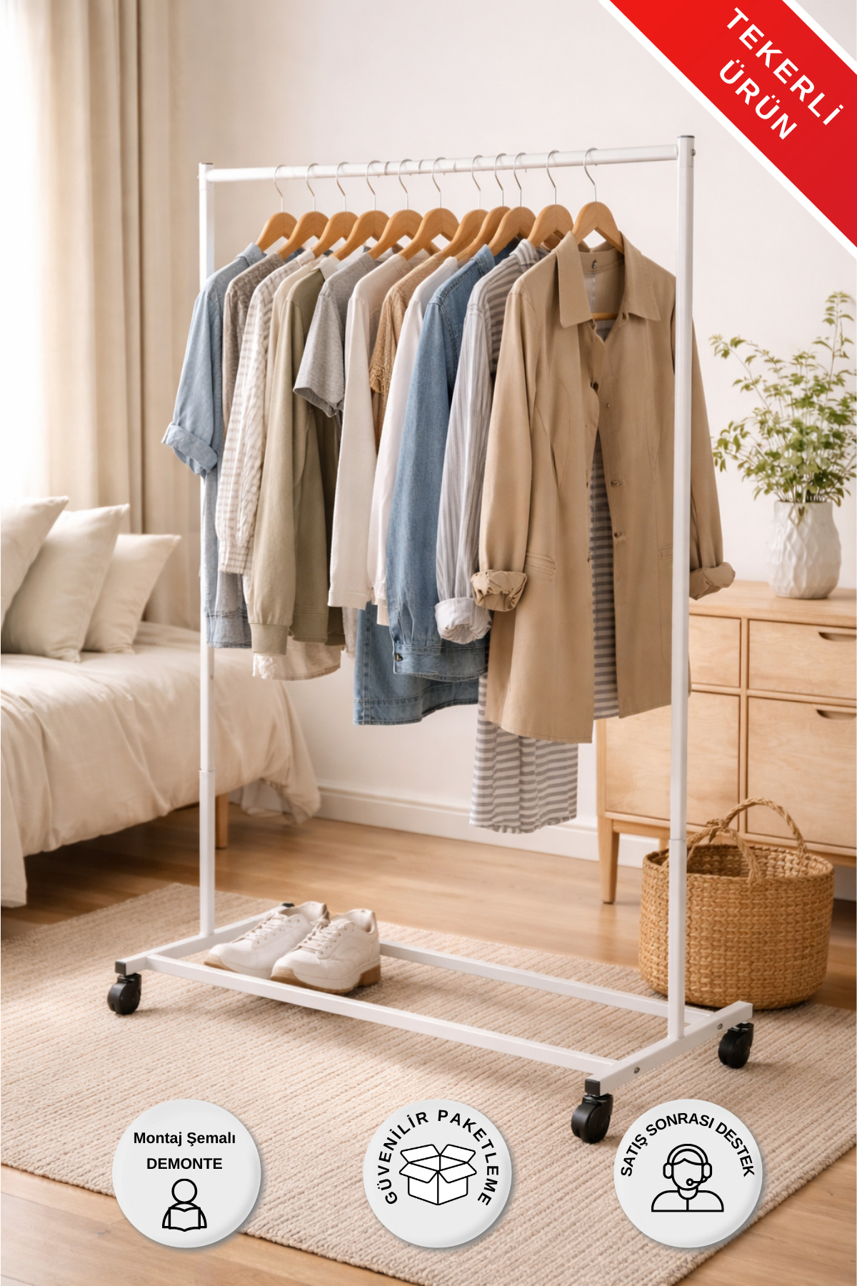 White Practical Garment Hanger with Wheels - Clothing Stand and Organizer