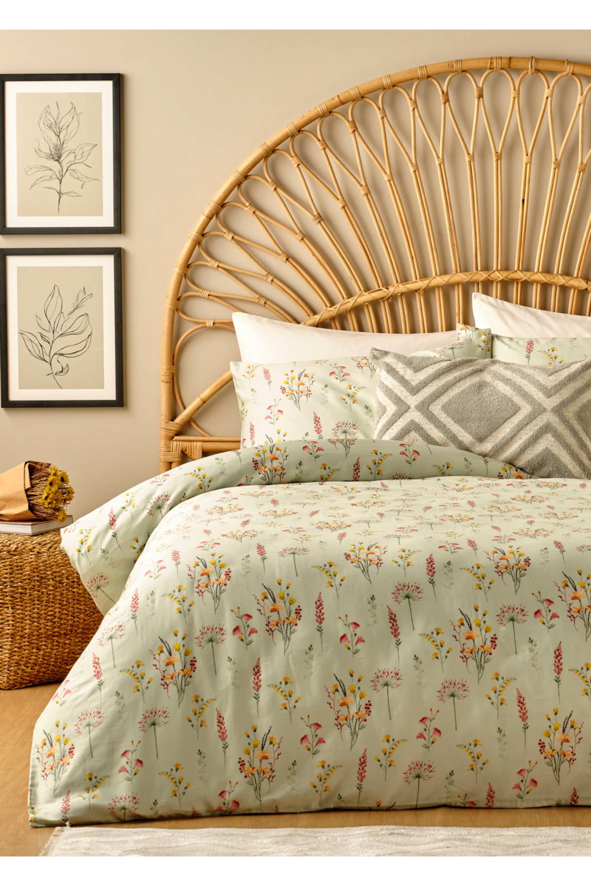 100% Cotton Satin Flores Double Duvet Cover Set Light Green (200x220 cm)