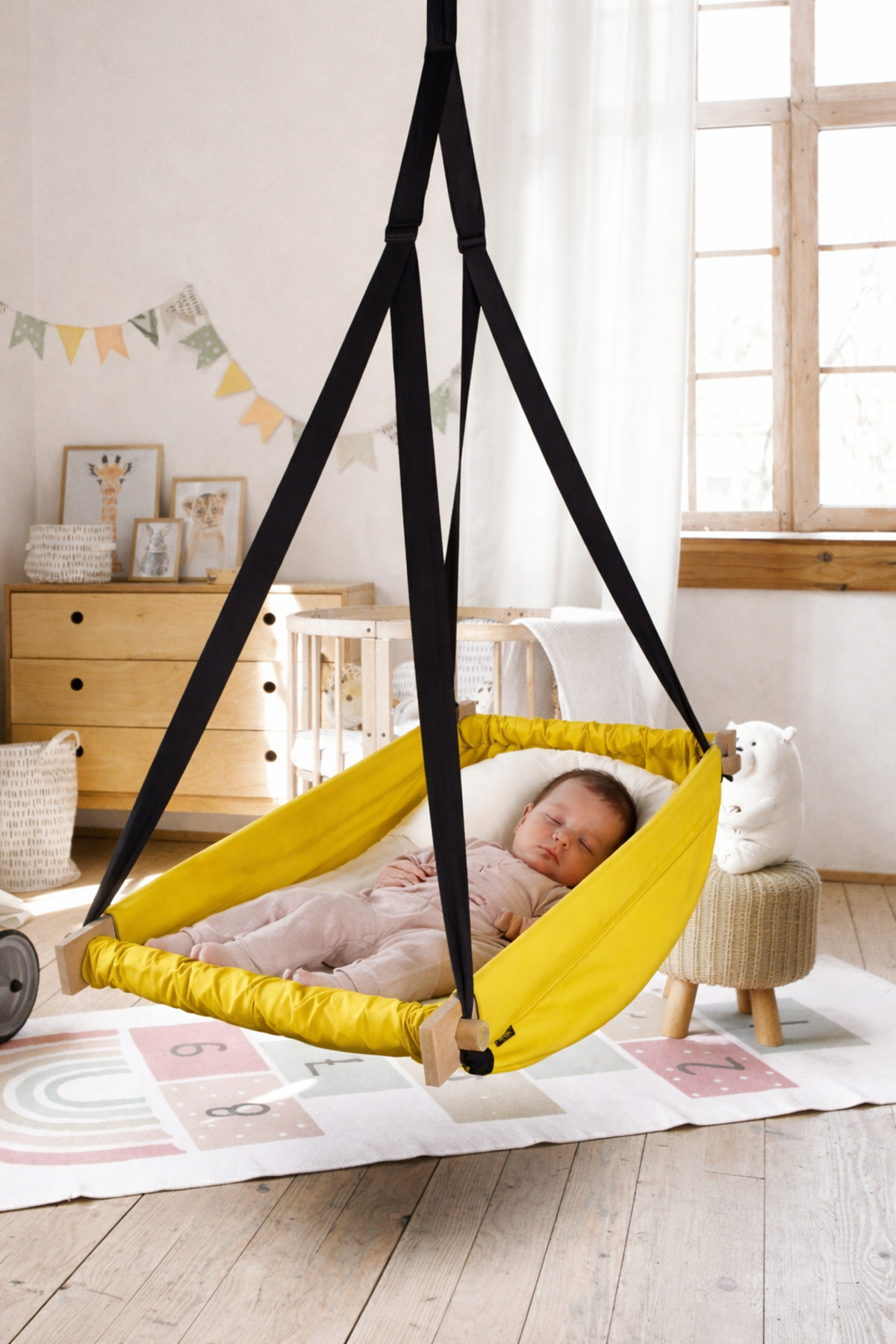 Flow Yellow Wooden Spring Hopping Hammock Crib Hoppa Hammock Hanging on the Ceiling Swing Baby Bed