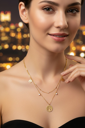 medoekonsept Altın Kaplama Hayat Ağacı Desenli Çelik Kadın Kolye