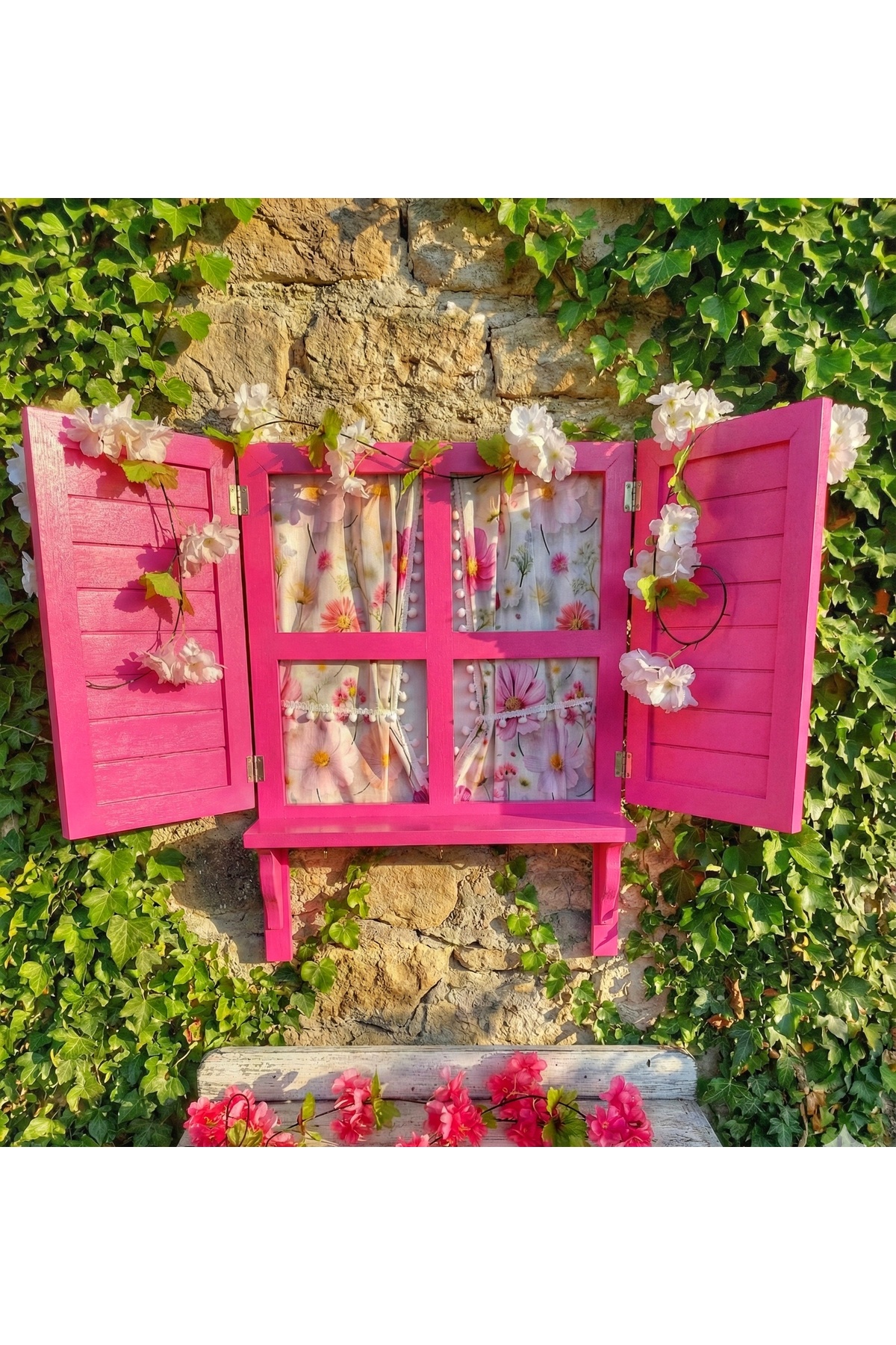 Wooden window design with pink shutters and curtains, 100×70cm space,garden,balcony,terrace,cafe decor