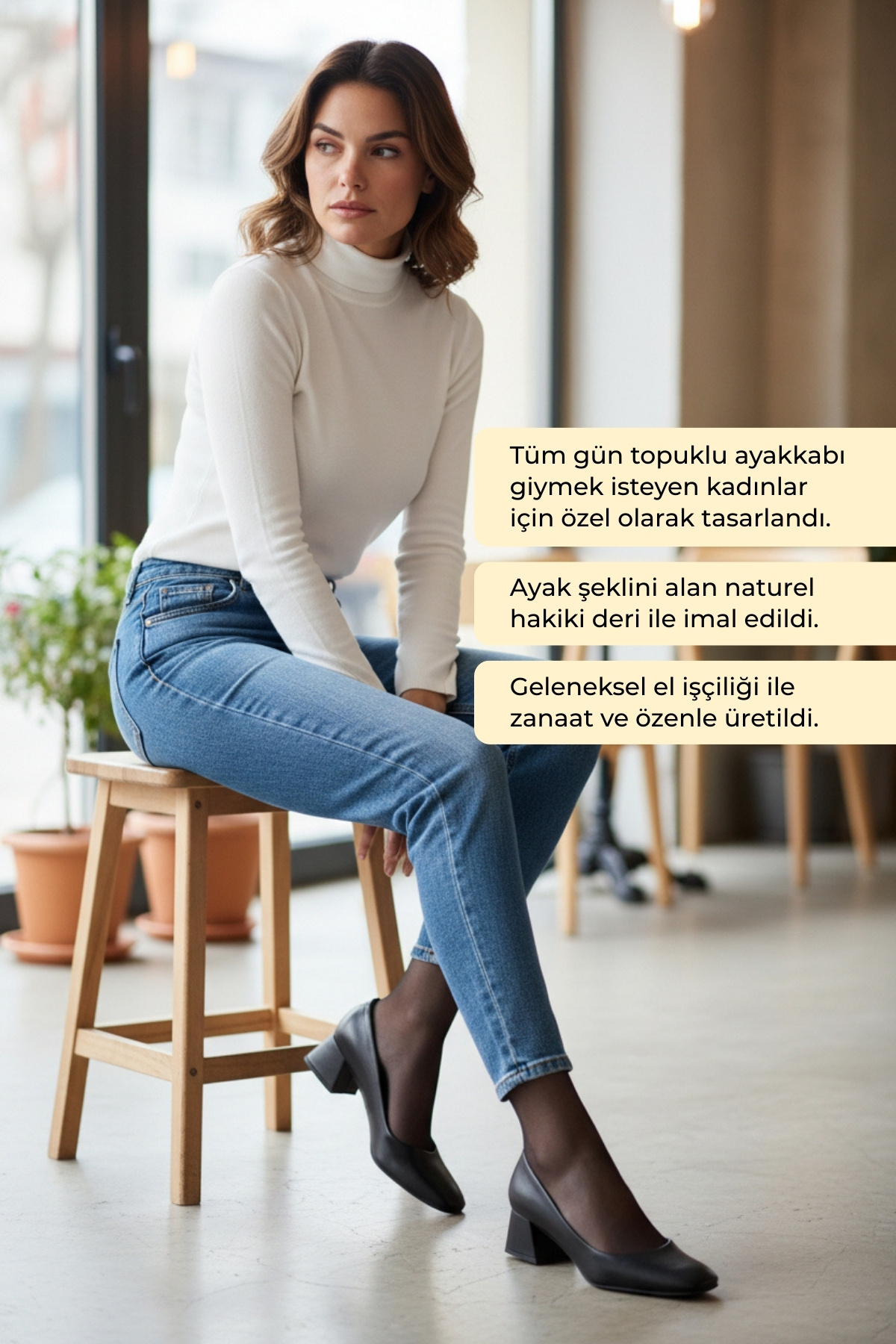 Grasyano  Hakiki Deri Siyah Klasik Kısa Topuklu Ayakkabı Yumuşak Gerçek Konforlu Deriden 4,5 Cm Kaplamalı Ökçe - Görsel 4