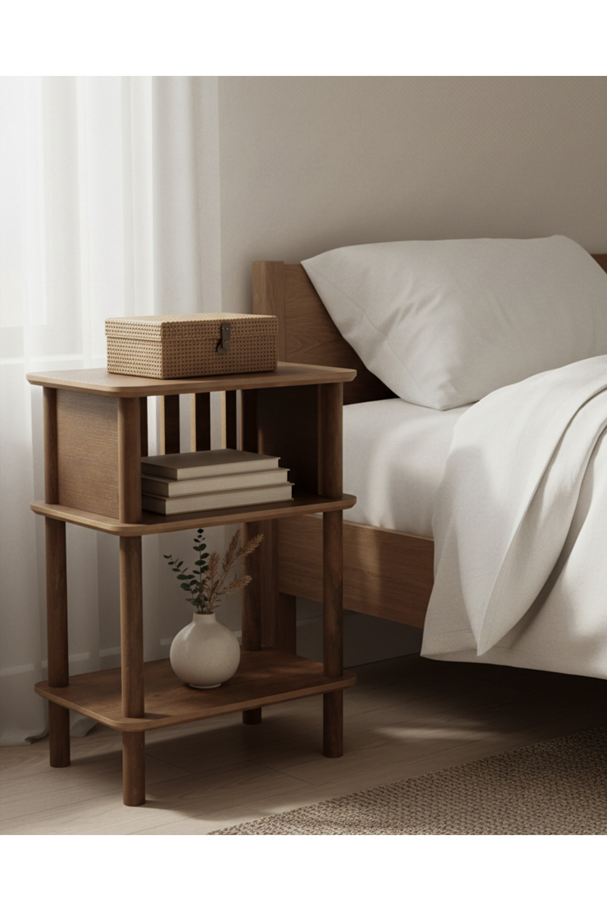 Linde Walnut Nightstand Design with Minimalist MDF slide and Wooden legs; Bedroom - Living room - Office