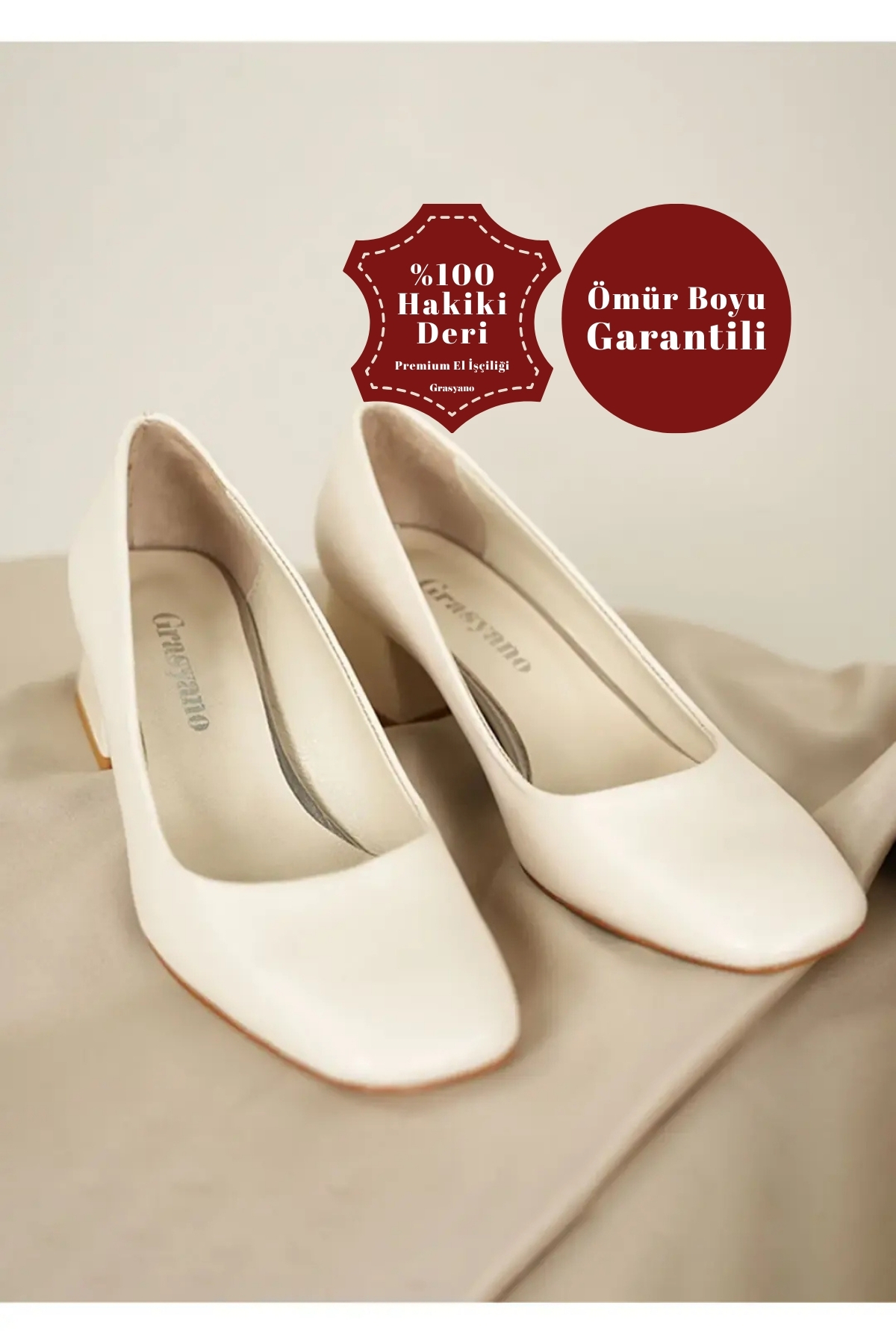 Grasyano  Hakiki Deri Ekru/Krem Klasik Kısa Topuklu Ayakkabı Yumuşak Konforlu Deriden 4,5 Cm Kaplamalı Ökçe