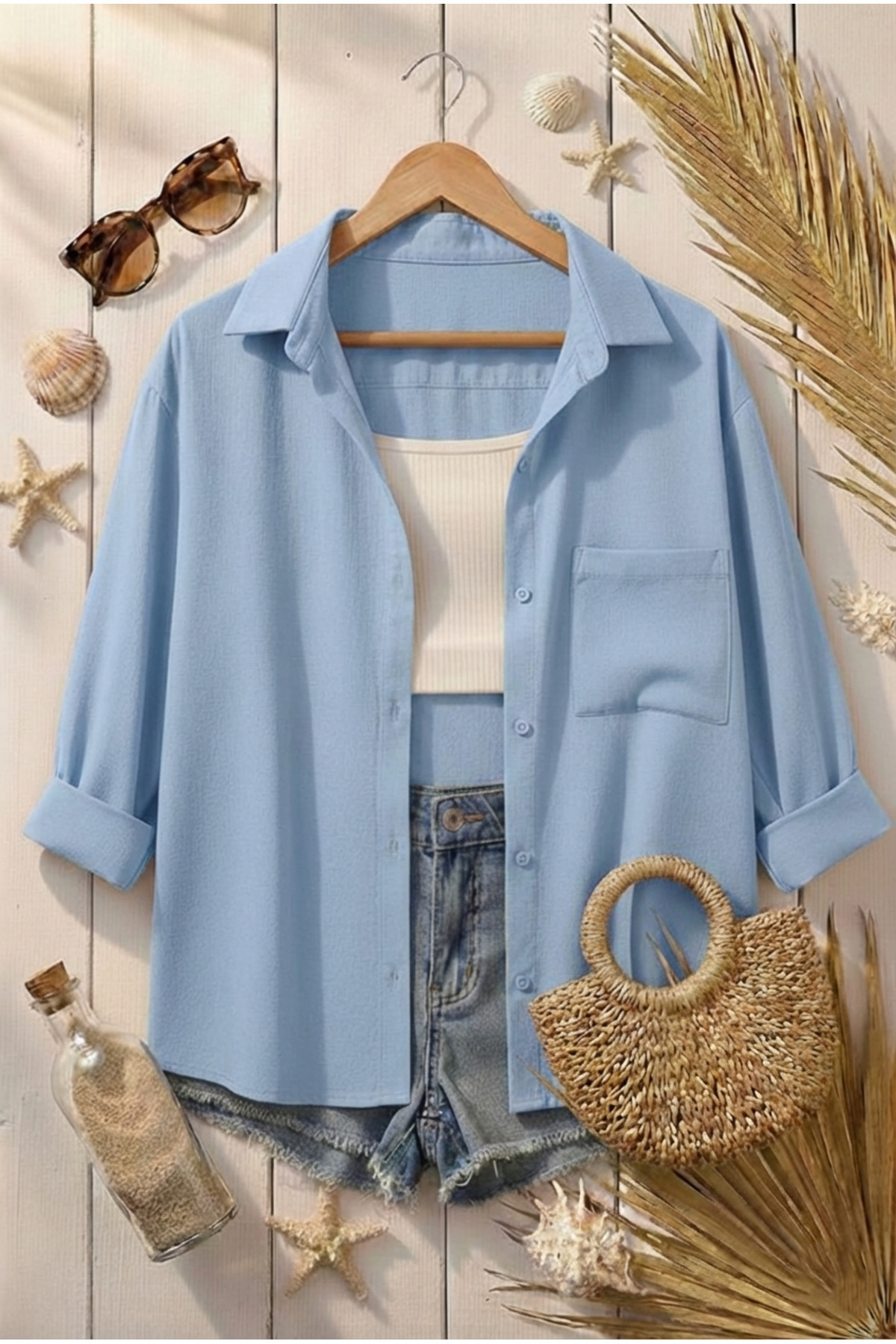 Modabenna  Bebe Mavisi Oversize Yazlık Pamuk Keten Gömlek Cepli Trend Salaş Düşük Omuz Kadın