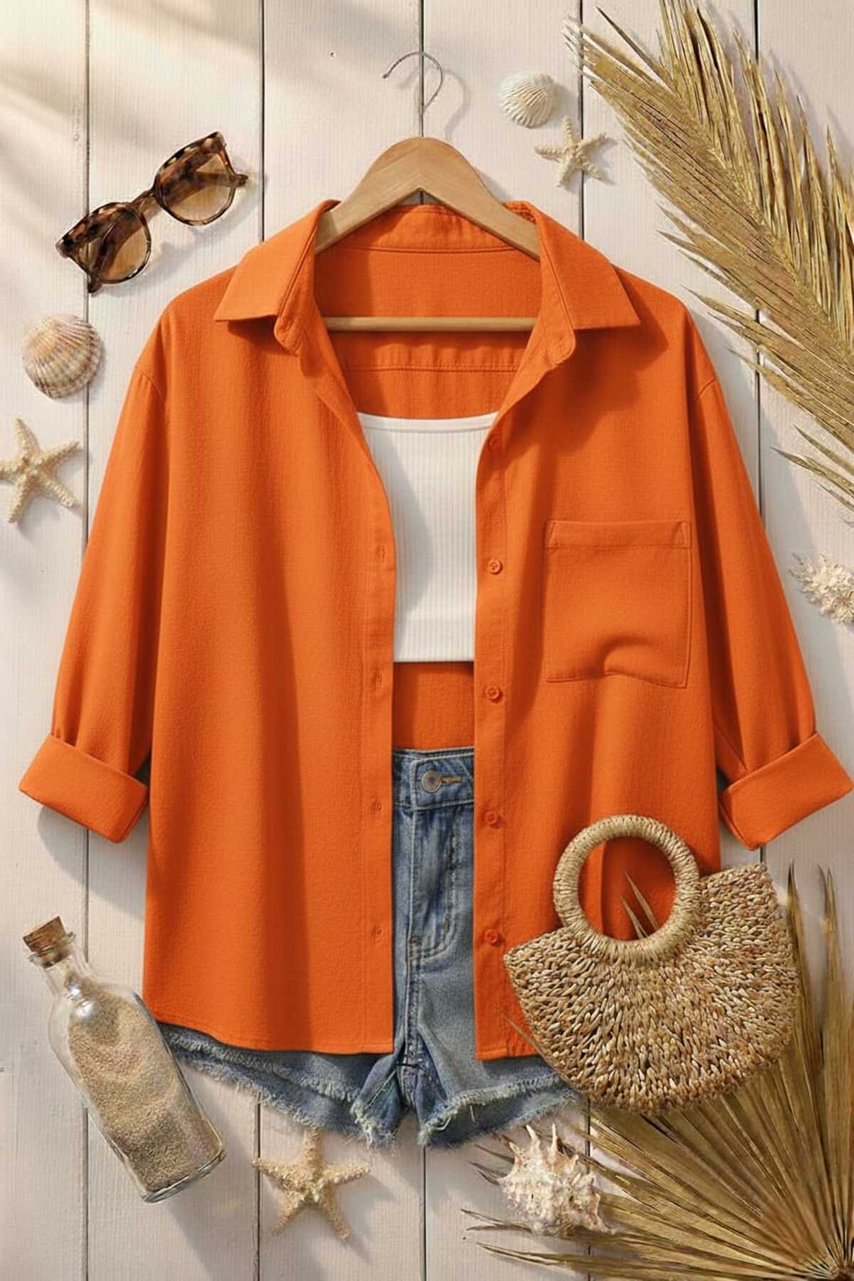Modabenna  Turuncu Oversize Yazlık Pamuk Keten Gömlek Cepli Trend Salaş Düşük Omuz Kadın