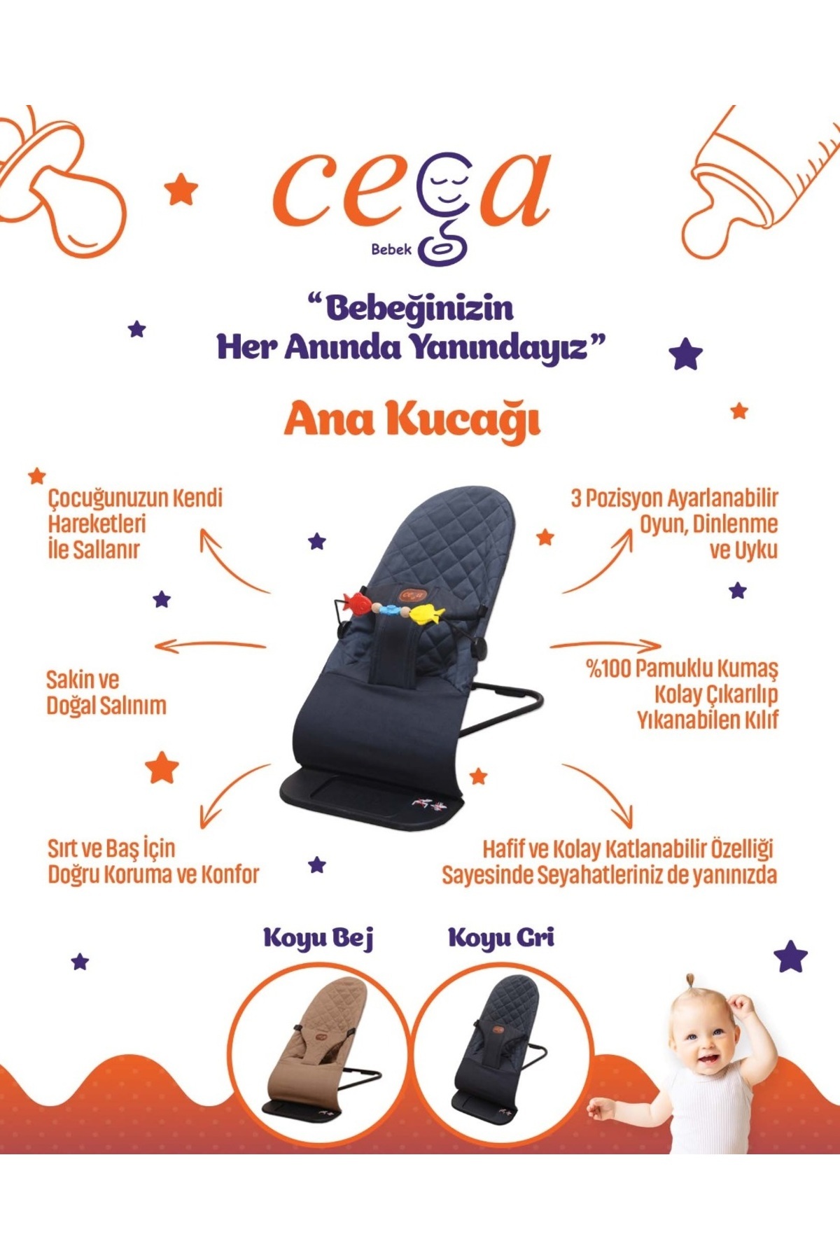 cega bebek Ana Kucağı Kademeli -sallanır - Koyu Gri - Baby Bouncer-oyuncak Aparatı Hediyelidir. fotoğrafı 3 (önizleme)