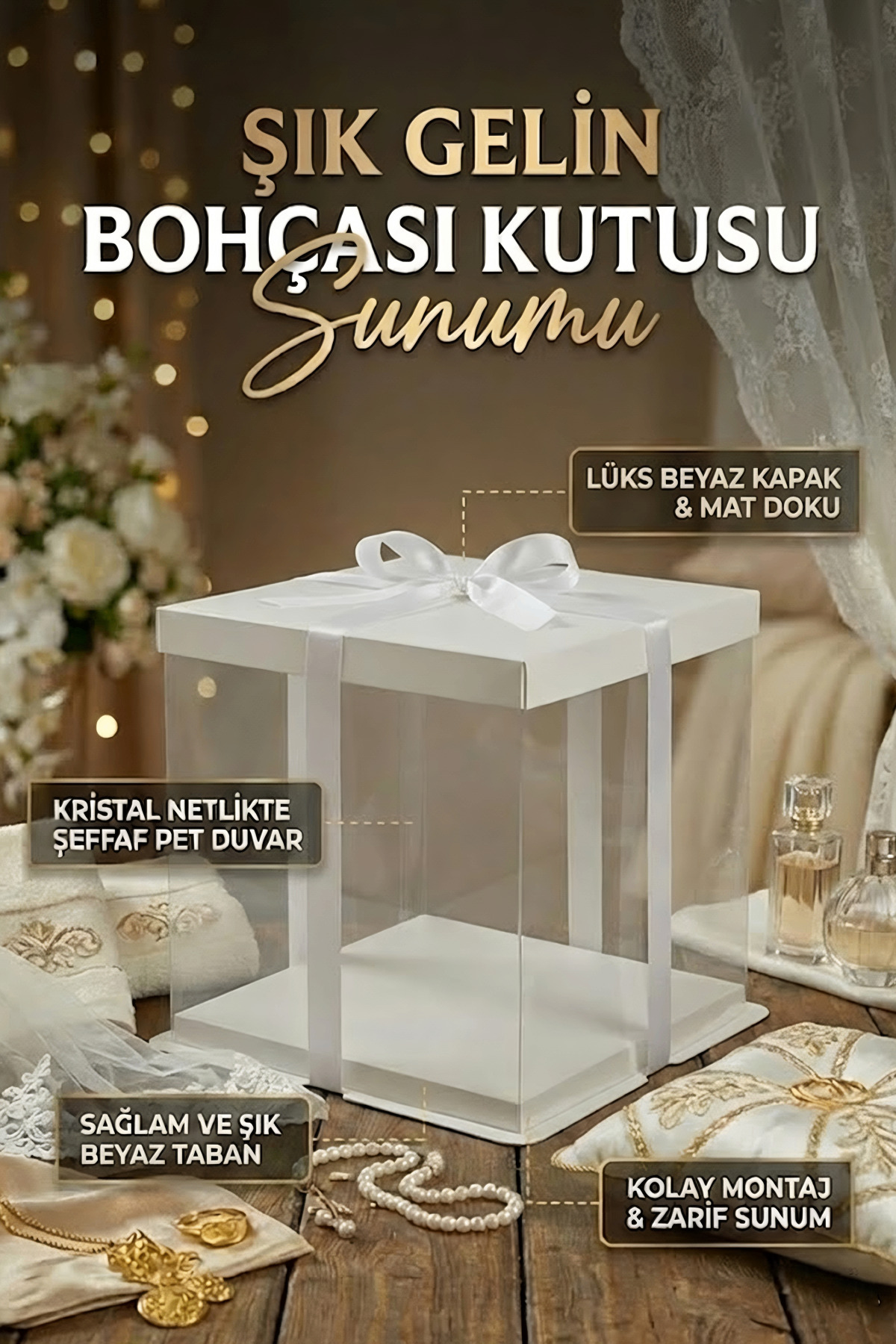 Alvenya Beyaz Şeffaf Hediye Kutusu Lüks Sunum ve Bohça Kutusu