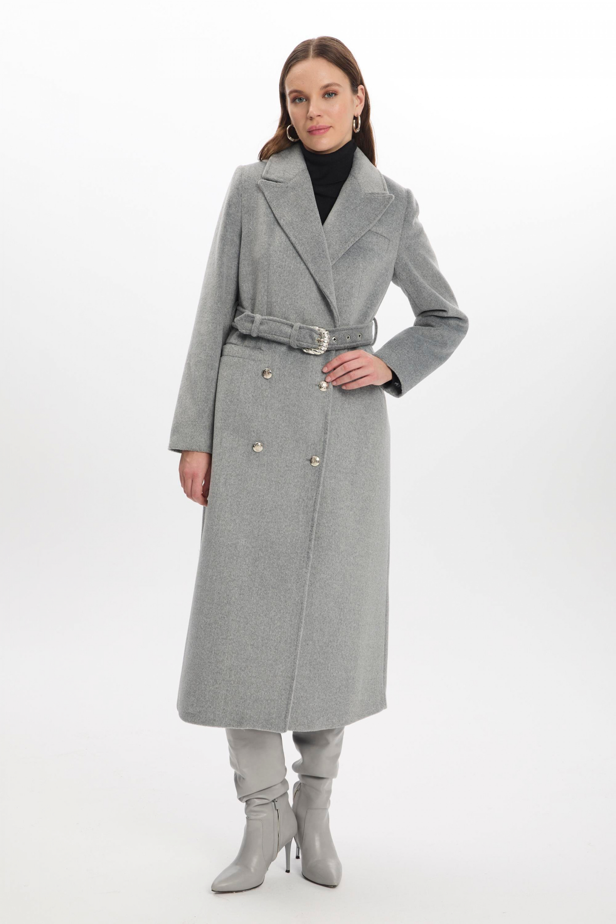 Zühre Kruvaze Yaka Kemer Detaylı Kaşe Gri Kaban 13109 - Fiyatı