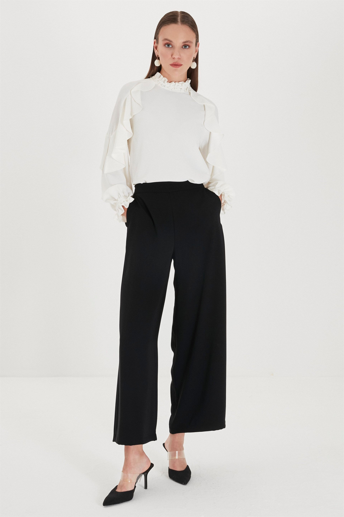 Wide Leg Fabric Black Pants P-0013