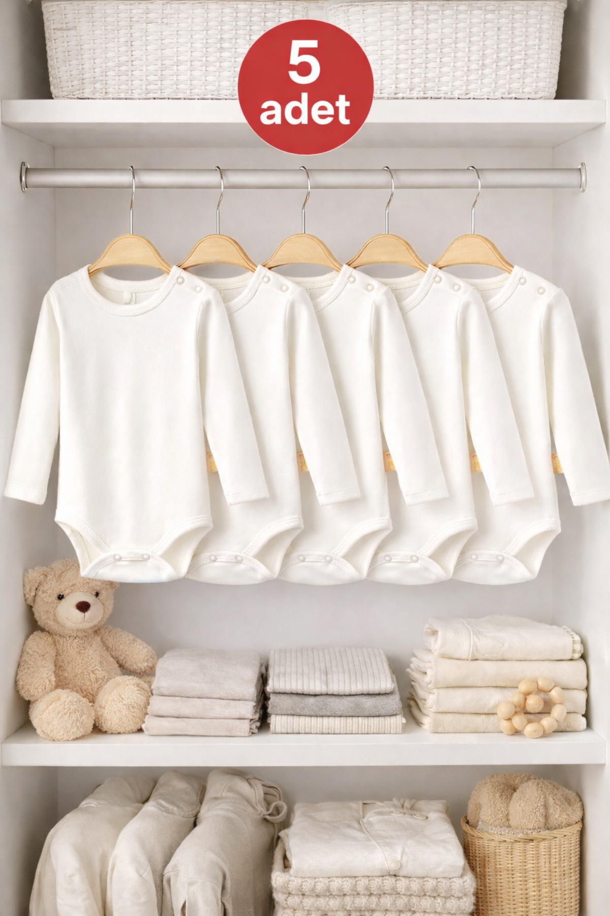 OMY 5'li 0-5 Yaş %100 Pamuk Uzun Kollu Bebek Body Pamuklu Unisex Kız Erkek Bebek Body Zıbın fotoğrafı 2 (önizleme)