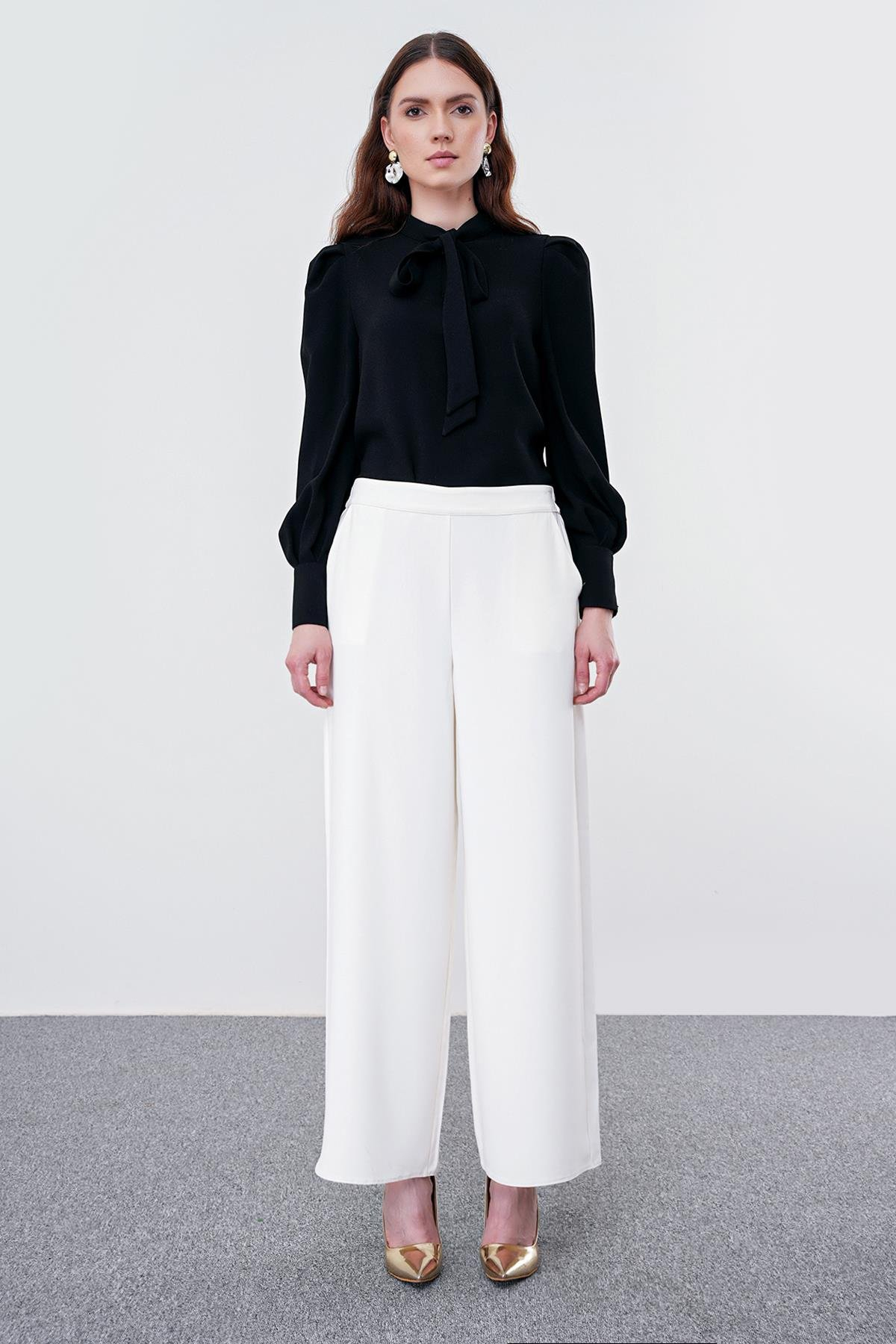 Wide Leg Fabric Ecru Pants P-0013