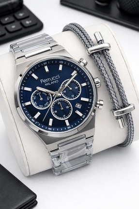 Ferrucci Koyu Lacivert Katran Özel Kutulu Damat Saati 3 Atm Suya Dayanıklı Çe...