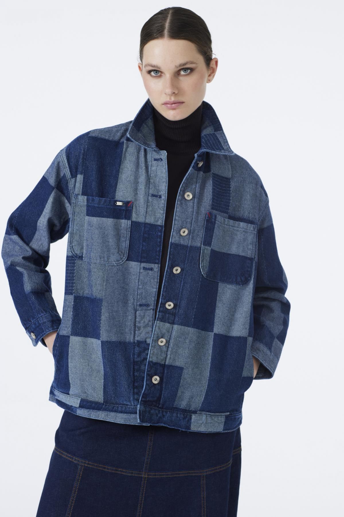Denim Patterned Gray Blue Jacket with Pocket Detail 0096