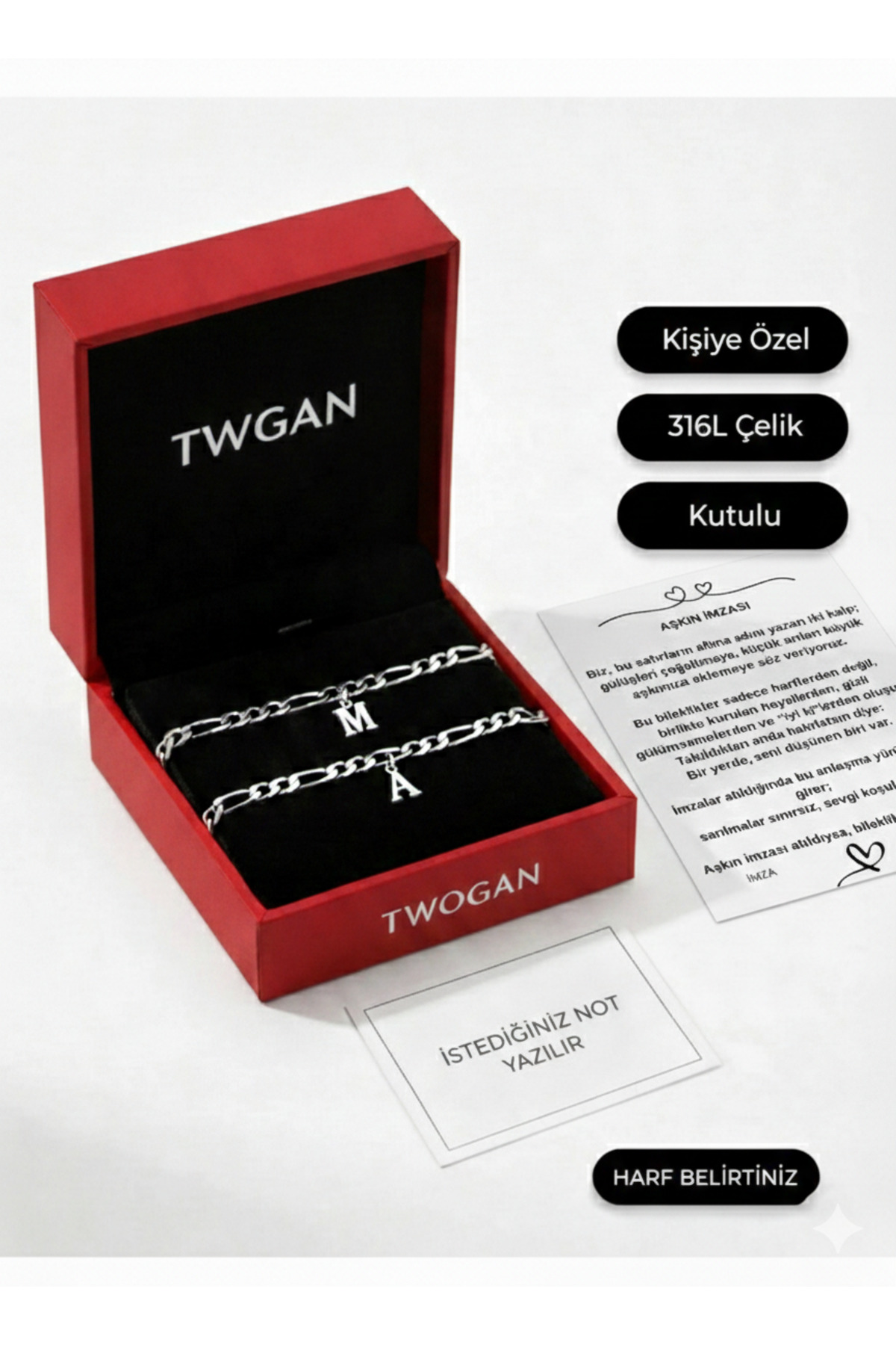 Kararmaz Çelik Double Chain Letter Dear/ Double Bracelet Letter and Signature of Love Document