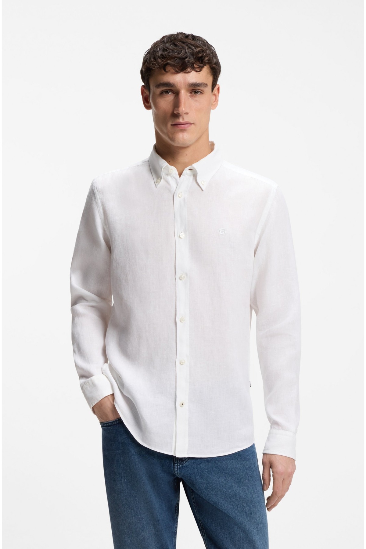 باس پیراهن مردانه آستین بلند اسلیم فیت، گشاد، ساده، دکمه‌دار، یقه گرد، سفید، کد ۵۰۵۴۵۲۱۸-۱۰۰