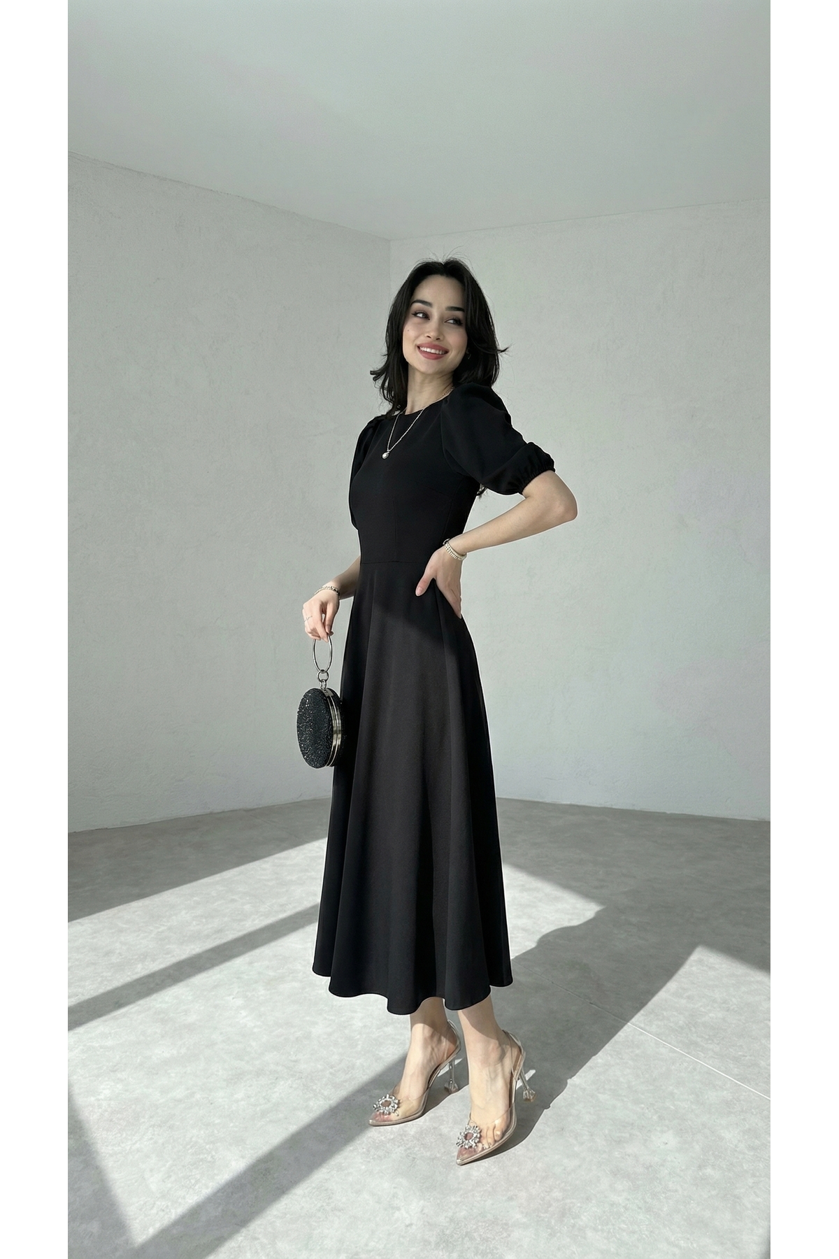 Afiş Butik  Siyah Karpuz Kollu Midi Boy Elbise - Görsel 3