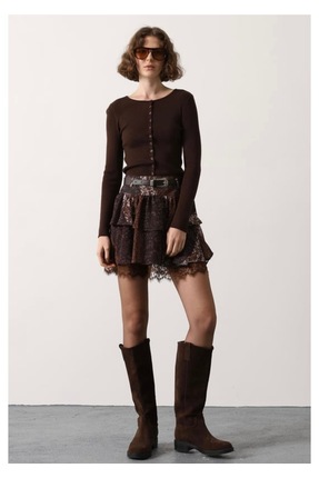 DEMORA Official Dantel Detaylı Volanlı Kemerli Kahverengi Mini Etek