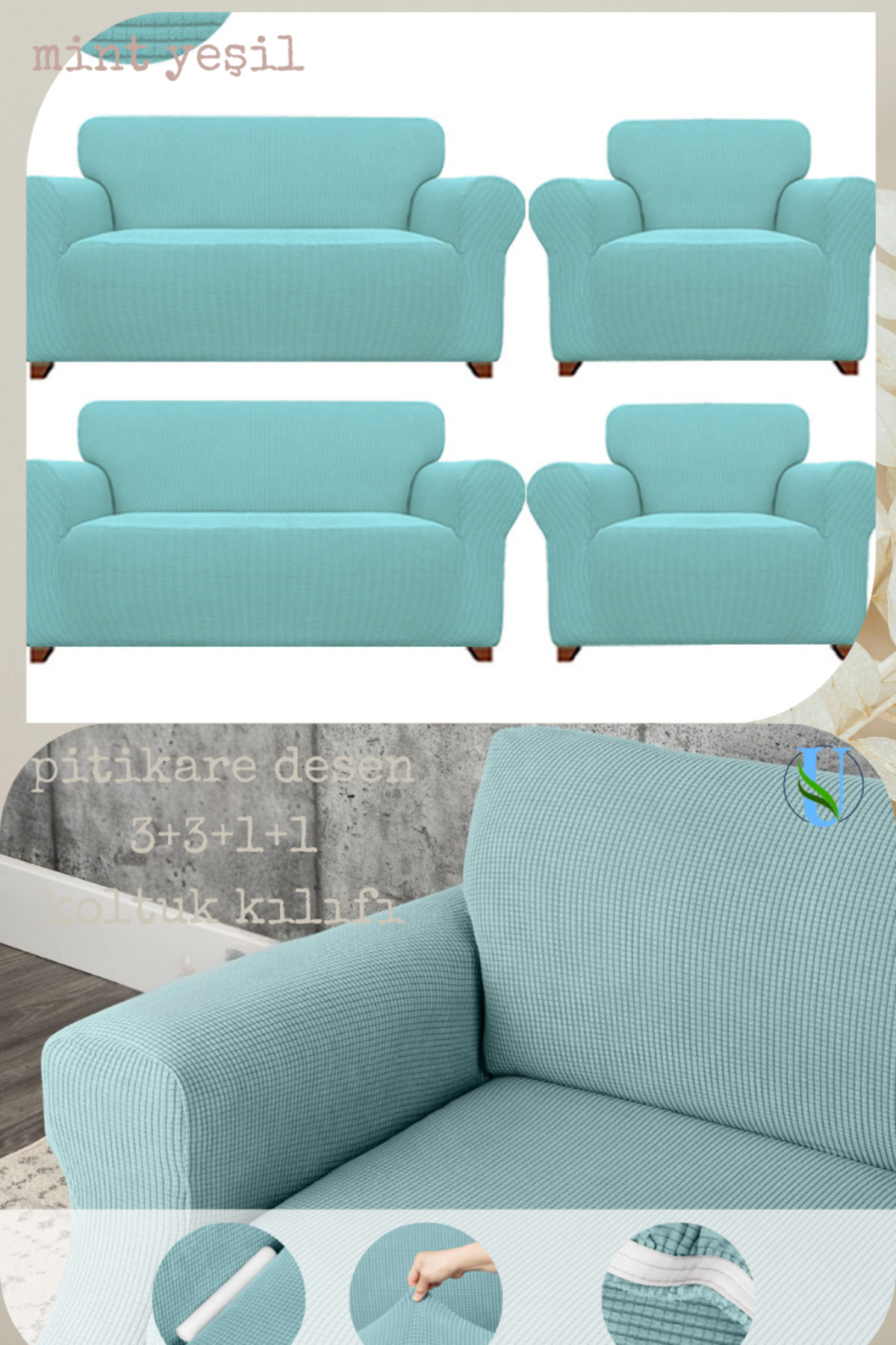 UY Style Lycral Sofa, Sofa, Sofa Cover with Elastic, Pitikare Pattern 3+3+1+1 set