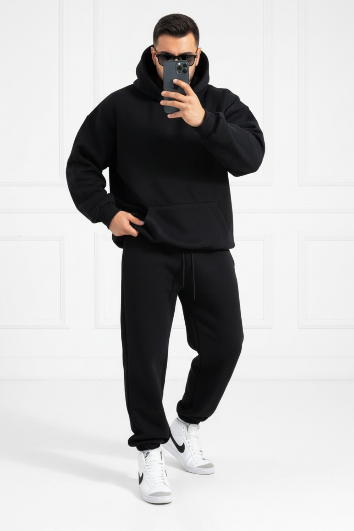 Men's Soft Texture Oversize Kangaroo Hooded Tracksuit with Pockets - Homewear