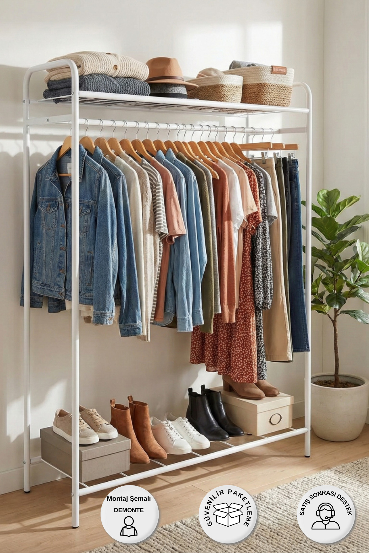 Metal Clothes Rack & Shoe Holder – Portable Clothing Organizer-With Shelf-White