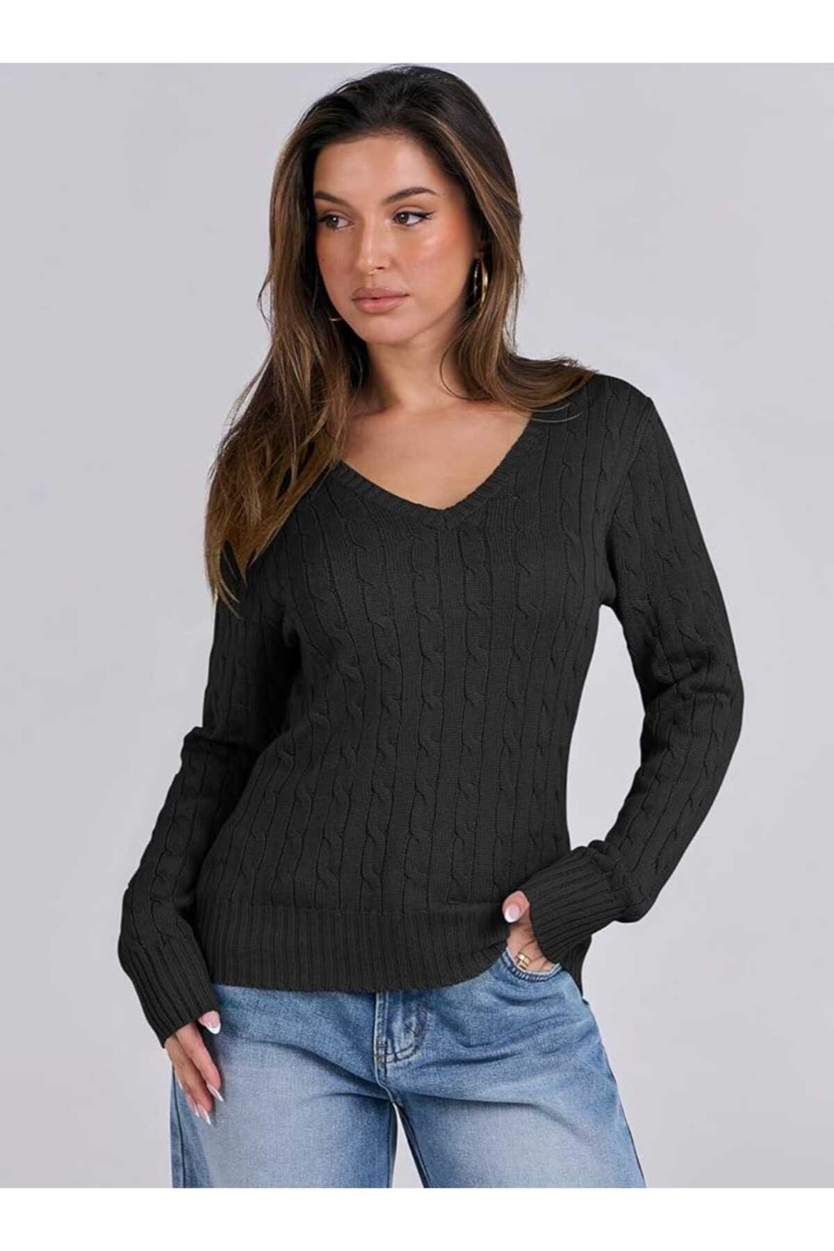 youknitwear you Riviera %100 Pamuk V Yaka Kadın Kazak görsel 5