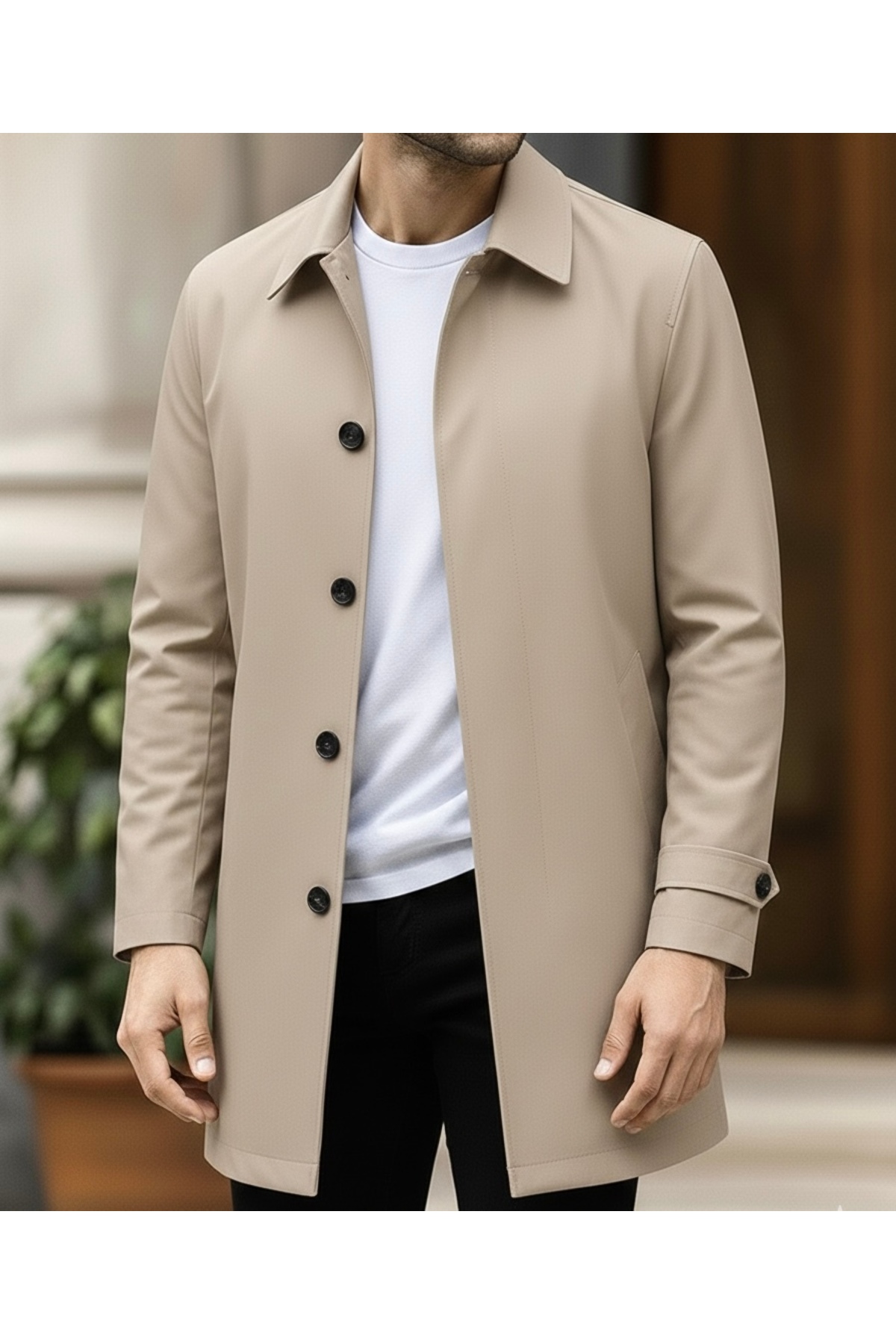 SAVARA Erkek ince bej rengi regular fit trençkot su iticili ceket üstü orta boy görsel 2