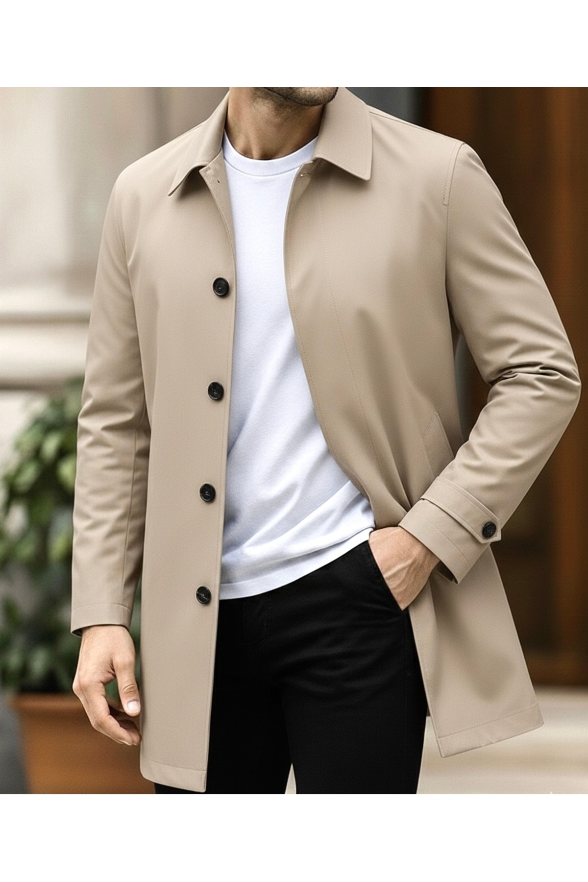 SAVARA Erkek ince bej rengi regular fit trençkot su iticili ceket üstü orta boy görsel 4