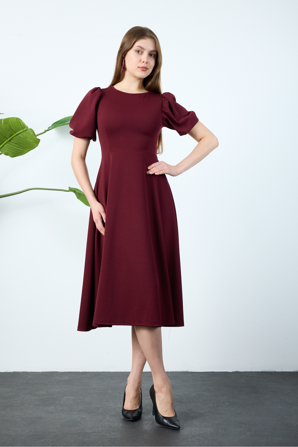 lumuteks  Bordo Karpuz Kollu Midi Boy Elbise - Görsel 2