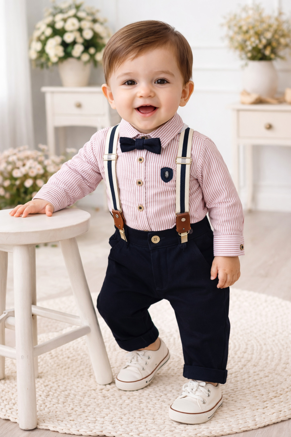 AKİ MODA KİDS erkek bebek pantolon gömlek papyonlu askılı takım fotoğrafı 2 (önizleme)