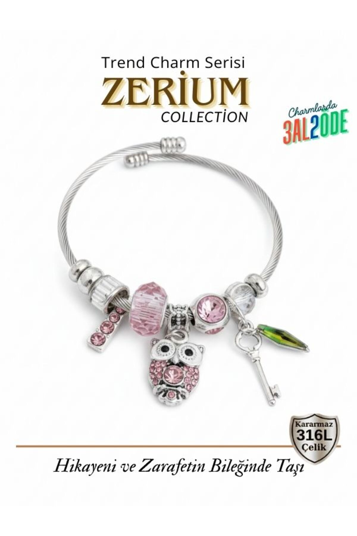 Modern Steel Stylish Women's Charm Bracelet Owl & Key