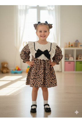 TOGY BABY VE KIDS WEAR Dantel Detaylı Kahverengi Leopar Desenli Kurdeleli Kız...