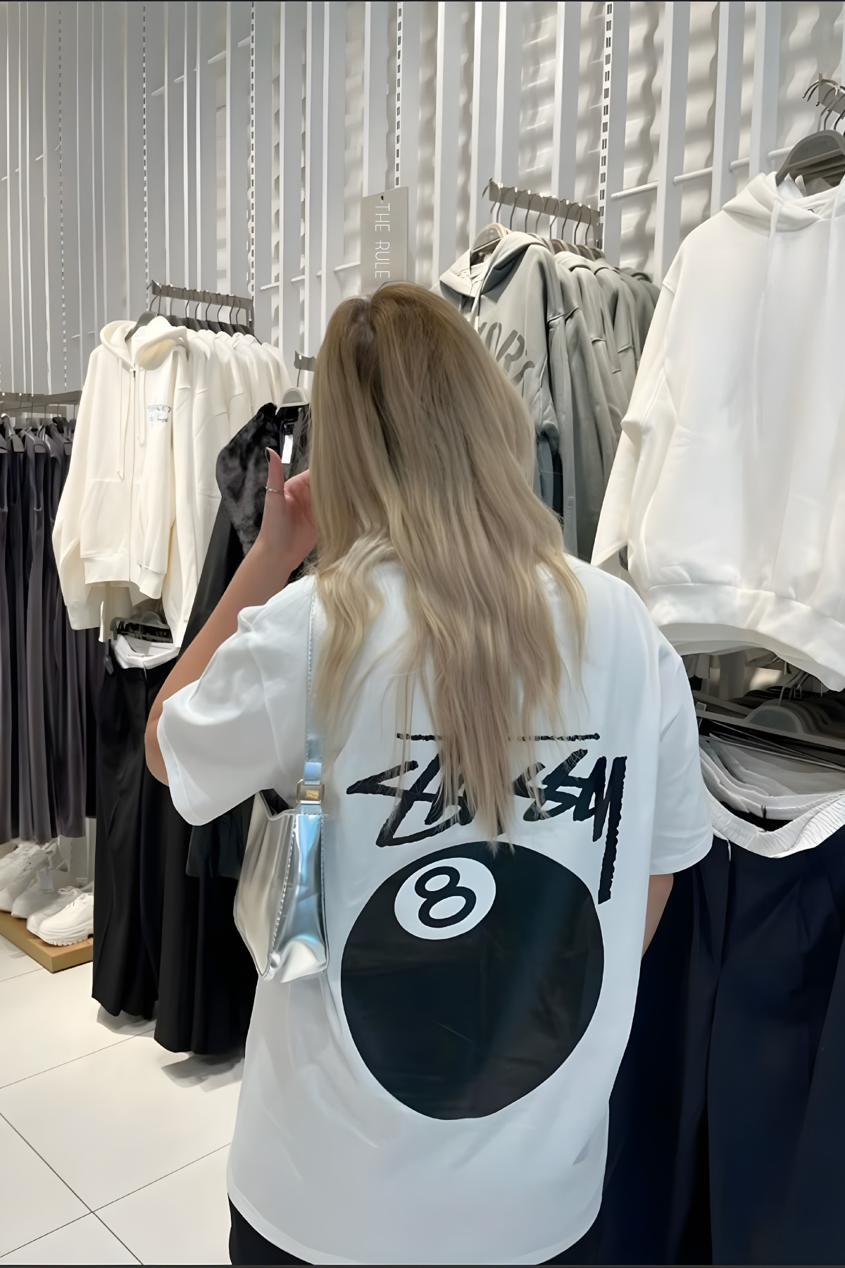Unisex Stüssy Bilardo Topu Baskılı Oversize %100 Pamuk Geniş Kesim Bisiklet Yaka Beyaz Tişört RF0525