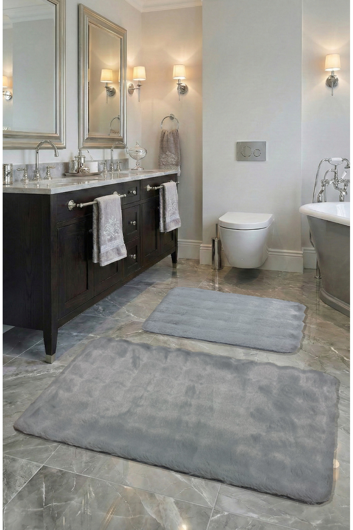 Bubble Rabbit Feather, Anti-Slip Base, Fluffy, Ultra Luxurious, Washable 2-Piece Bath Mat Grey