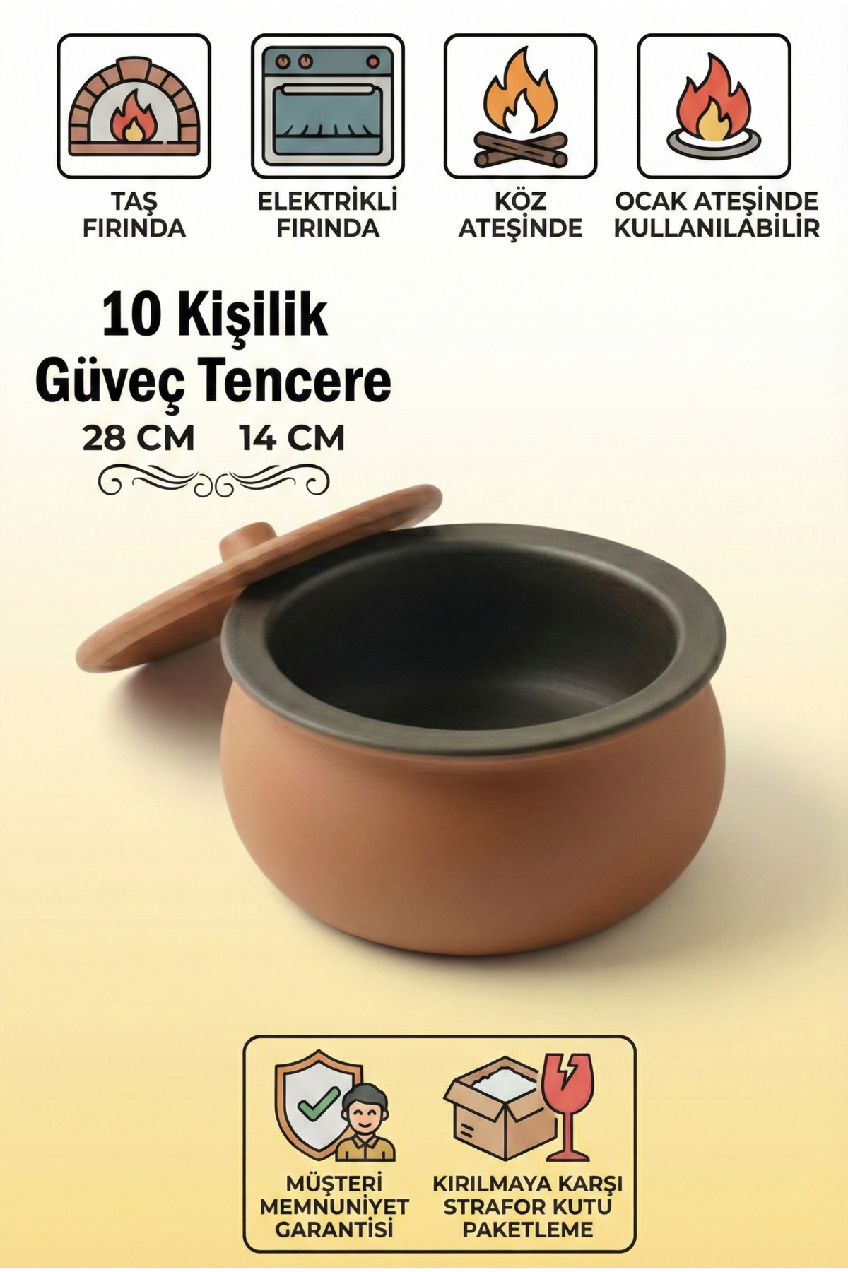 HerşeyTopraktan Toprak Güveç Büyük Aile Boy 8-10 Kişilik Güveç Kapağı Hediyeli