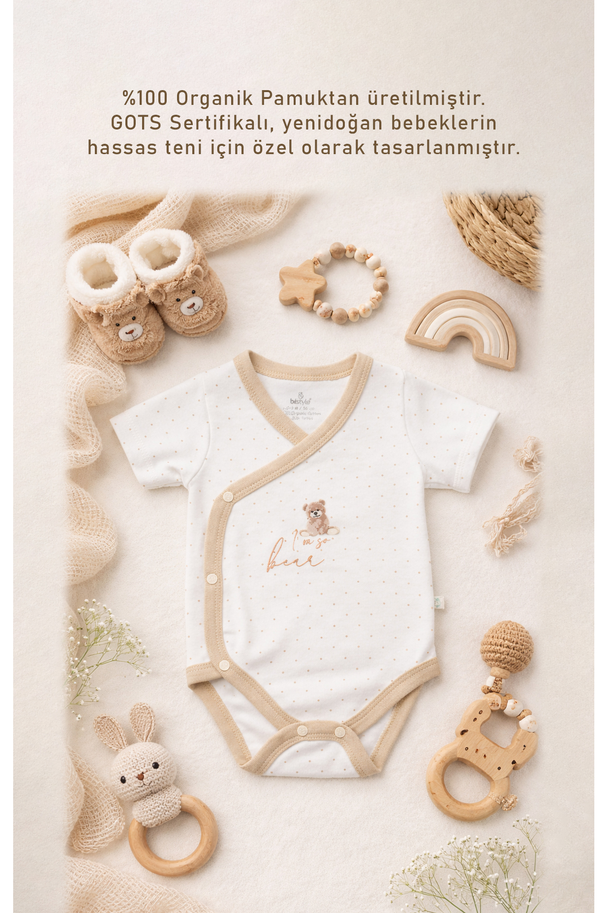 Bistyle %100 Organik Pamuk Kruvaze Body Kısa Kollu Yenidoğan / So Bear Kız Erkek Unisex Bebek fotoğrafı 2 (önizleme)