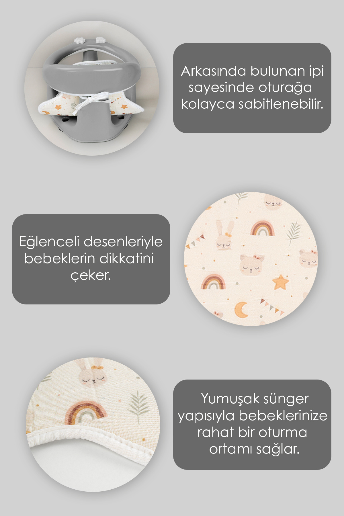 Meleni Baby 2'li Bebek Banyo Oturağı ve Minder Seti - Vakum Taban Mama Oturağı, Yıkanabilir Oturak Minderi Gri fotoğrafı 2 (önizleme)