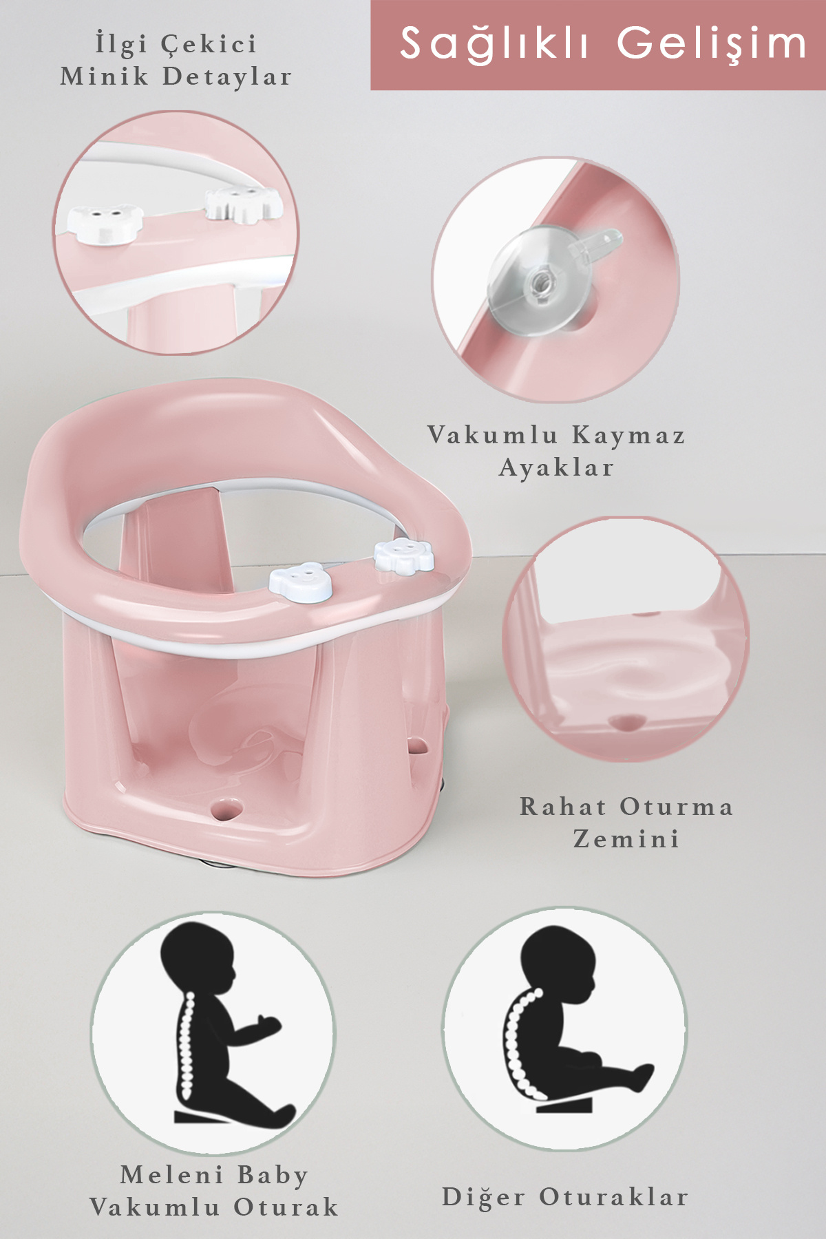 Meleni Baby 2'li Bebek Banyo Oturağı ve Minder Seti - Vakum Taban Mama Oturağı, Yıkanabilir Oturak Minderi Pembe fotoğrafı 3 (önizleme)