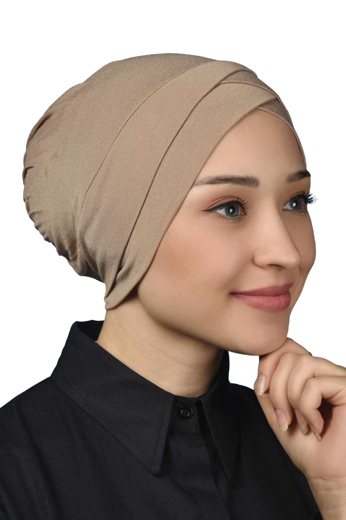 Four Band Cross Outer Hijab Cap Ready Turban Combed Cotton - Dark Beige