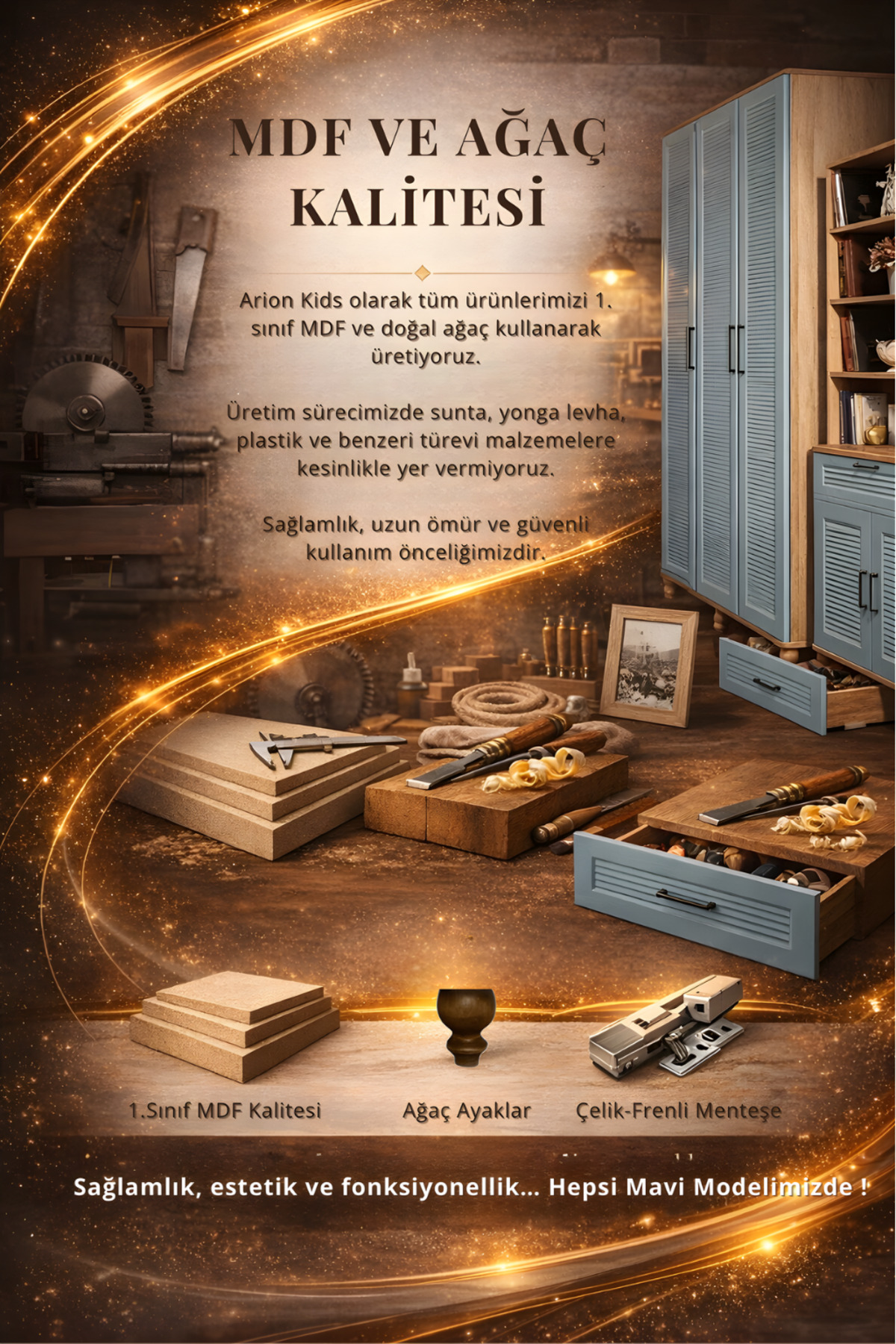 arionkids Mavi Dolap 2 Kapaklı-Çekmeceli | %100 MDF | REHAU Kaplama Kapaklar | Çekmeceli | Ağaç Ayaklar fotoğrafı 5 (önizleme)