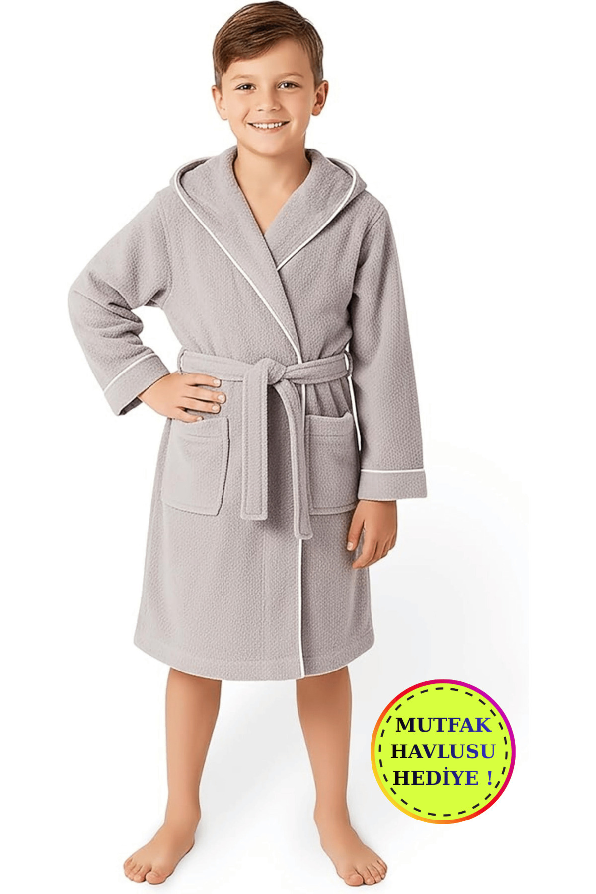 Girls-Boy Bathrobe 100% Cotton | Hooded – Pockets – Soft – Bias – Gray