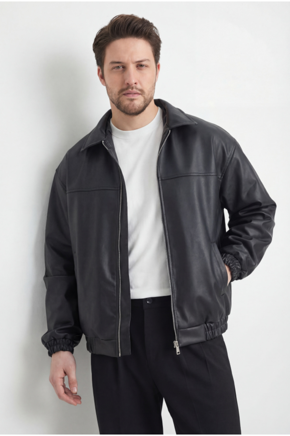 Rowsmen  Oversize Erkek Siyah Deri Ceket KOL LASTİKLİ MONT - Görsel 3