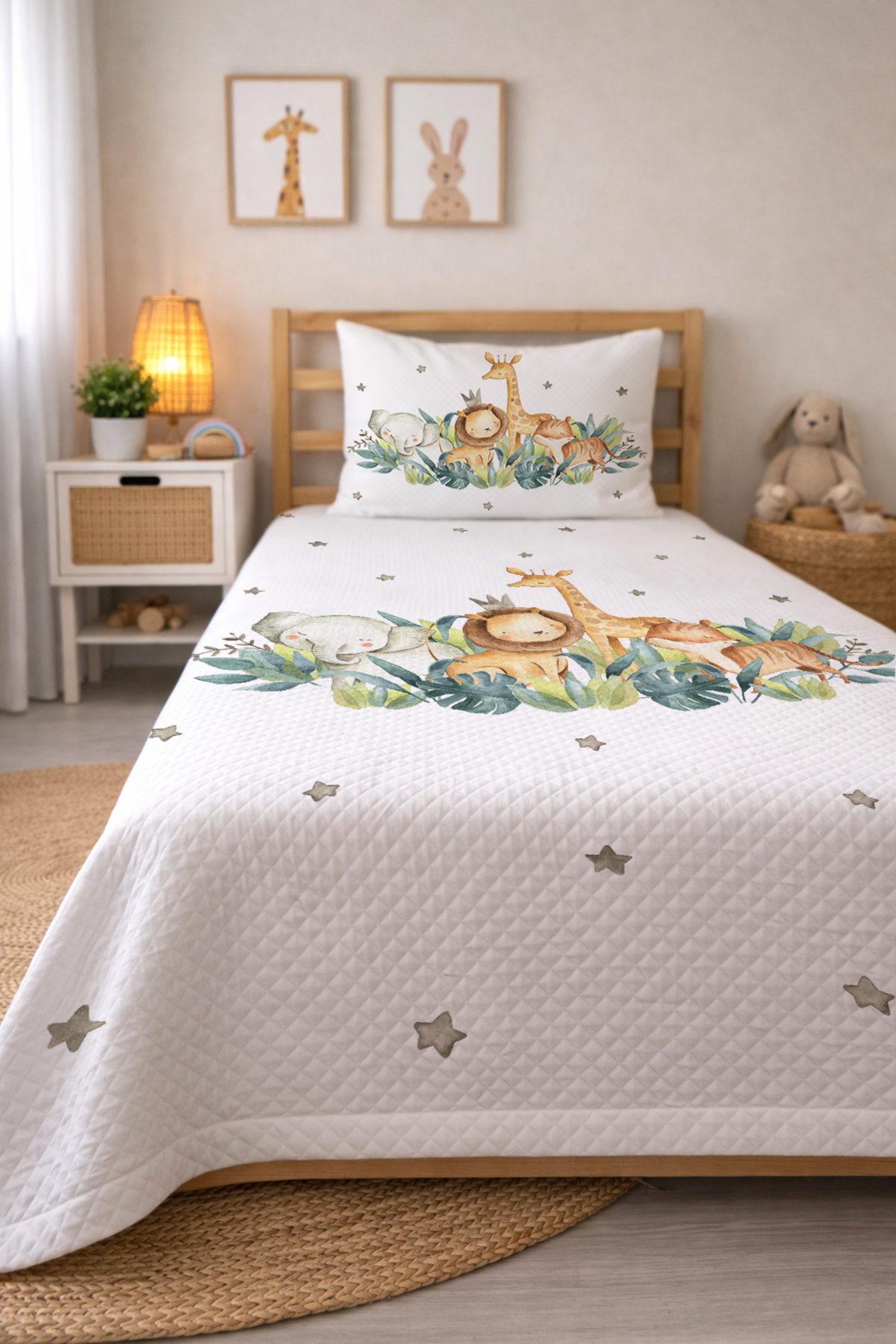 Evmila Hayvanlar Alemi Desenli Bebek Ve Çocuk Baskılı Tek Kişilik Pike Takımı 160x230 Beyaz fotoğrafı 2 (önizleme)