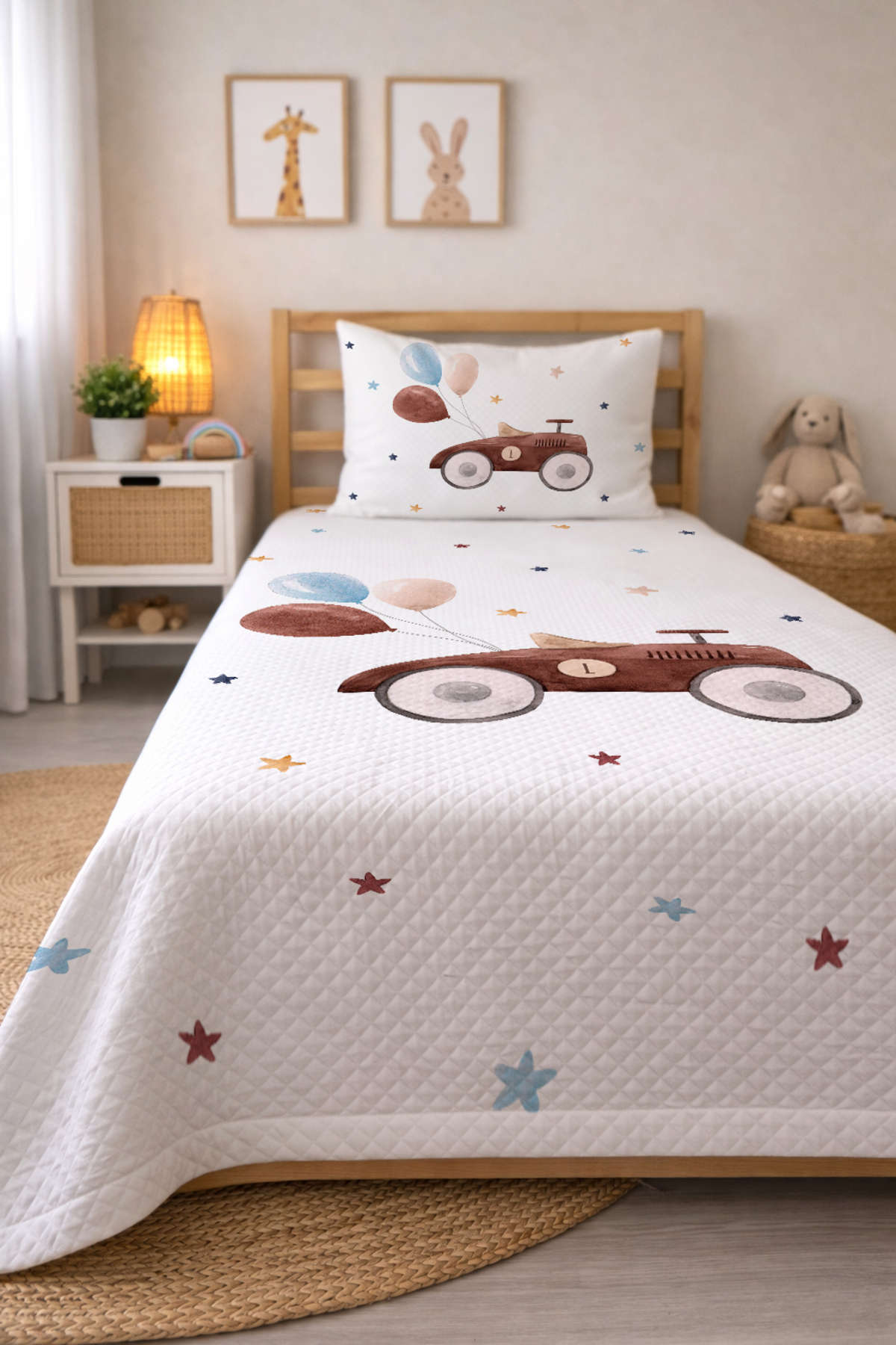 Evmila Antika Araba Desenli Bebek Ve Çocuk Baskılı Tek Kişilik Pike Takımı 160x230 Beyaz fotoğrafı 2 (önizleme)