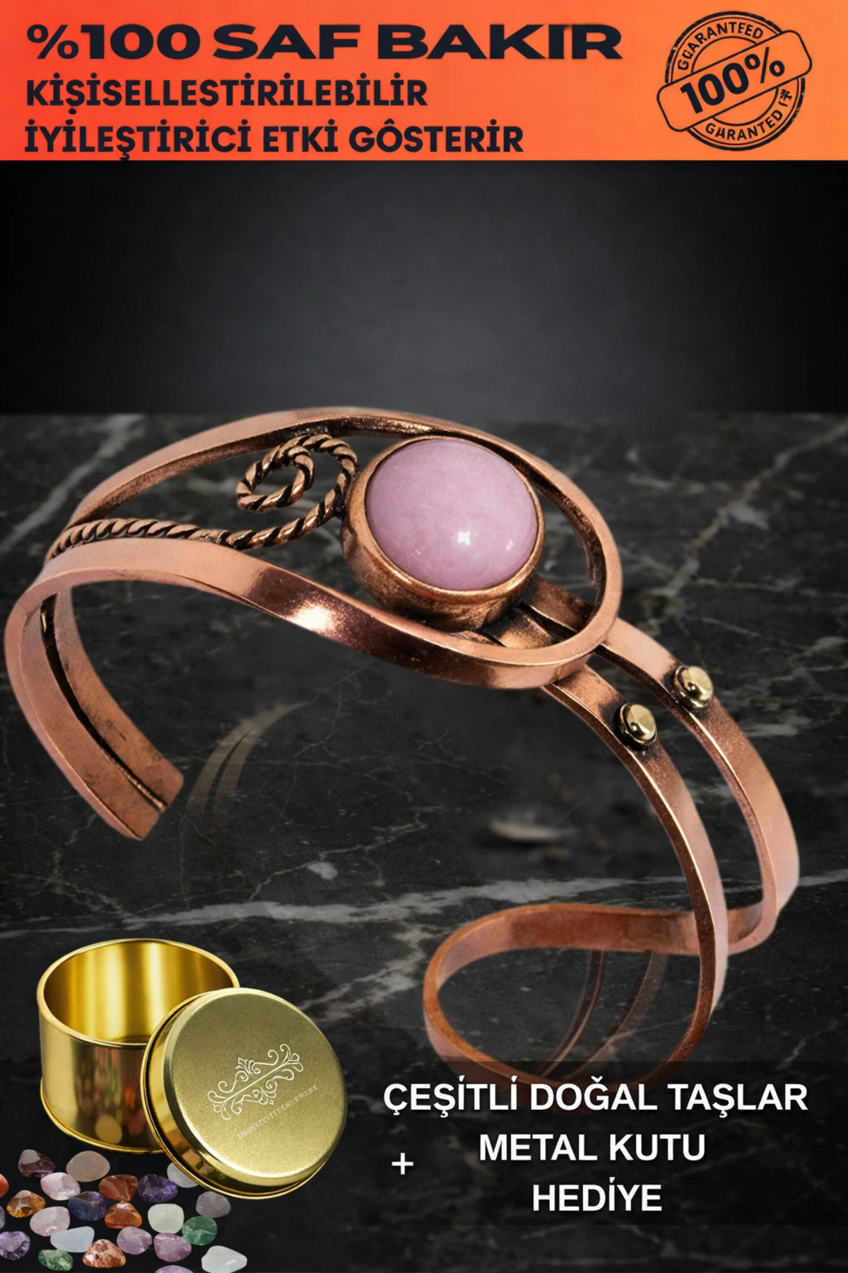 Women's Copper Bracelet - Gemstone Twist Model Women's Bracelet Metal Box and Natural Stones