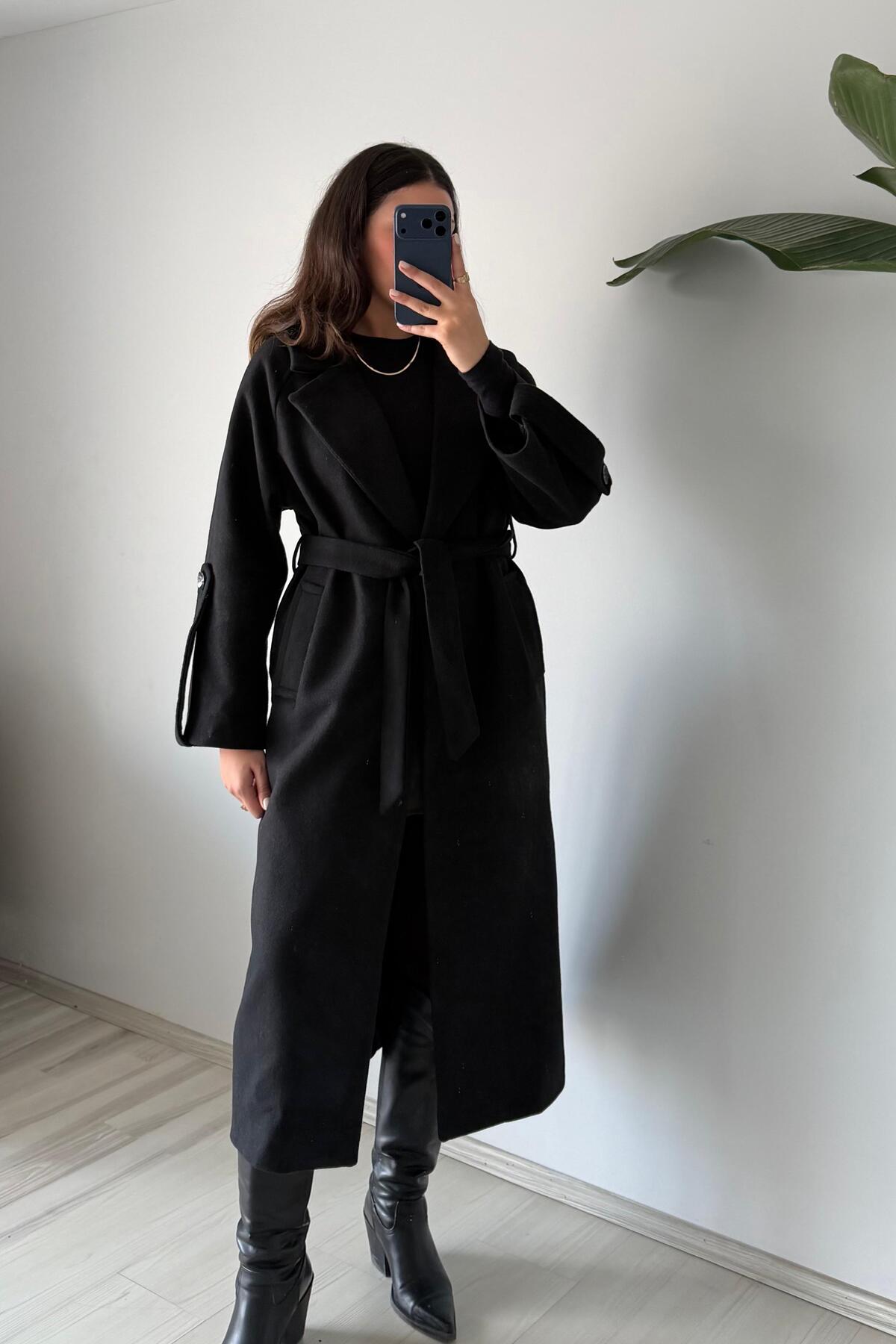 Güneş  Oversize Kemerli Kaşe Palto - Görsel 4